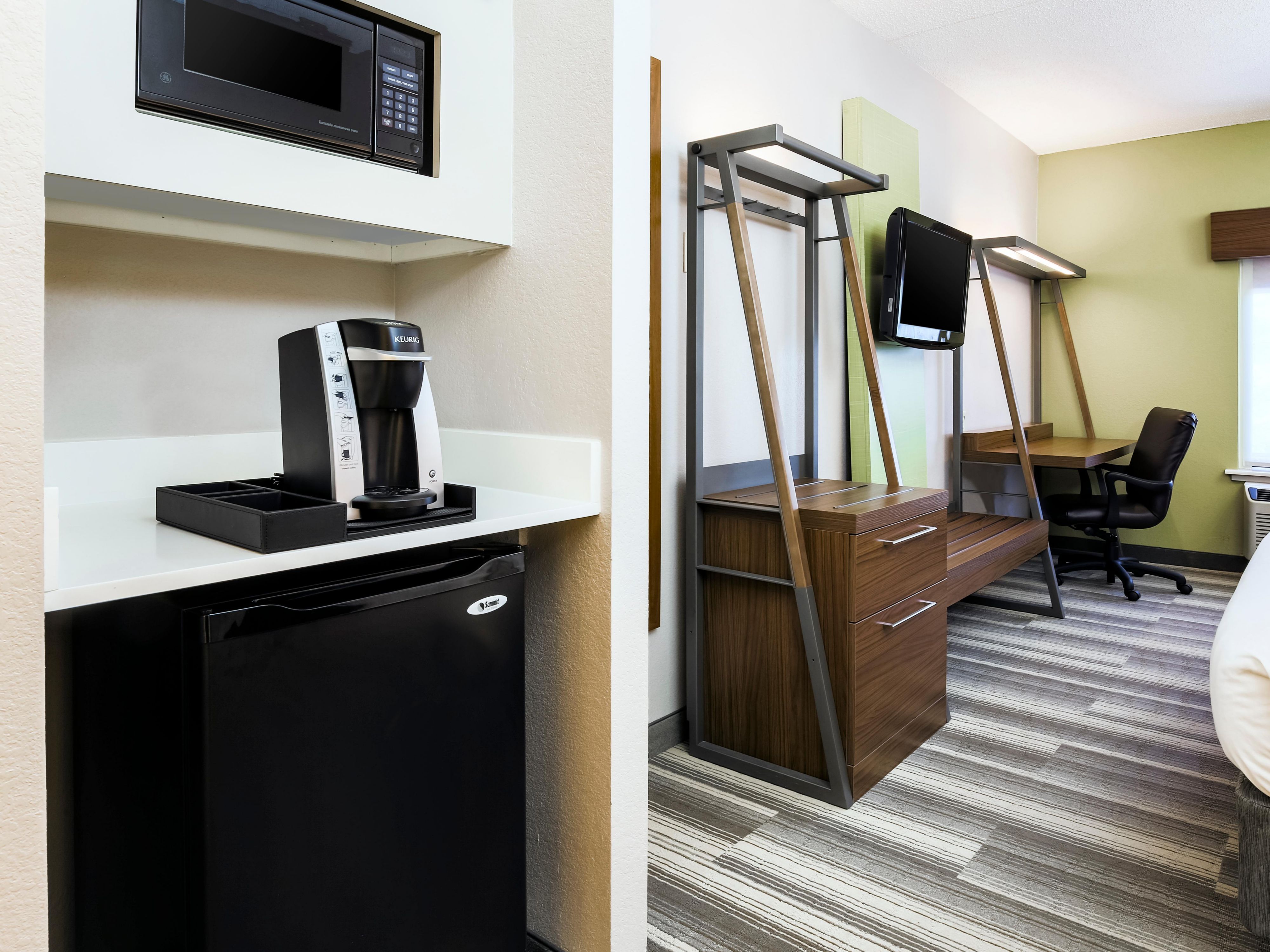 60 channels including 3 HBO, 2 Cinemax, ESPN, CNN, FOX News, Disney, and NATGEO. Refrigerator, Microwave, and Premium Coffee Maker in each room.
