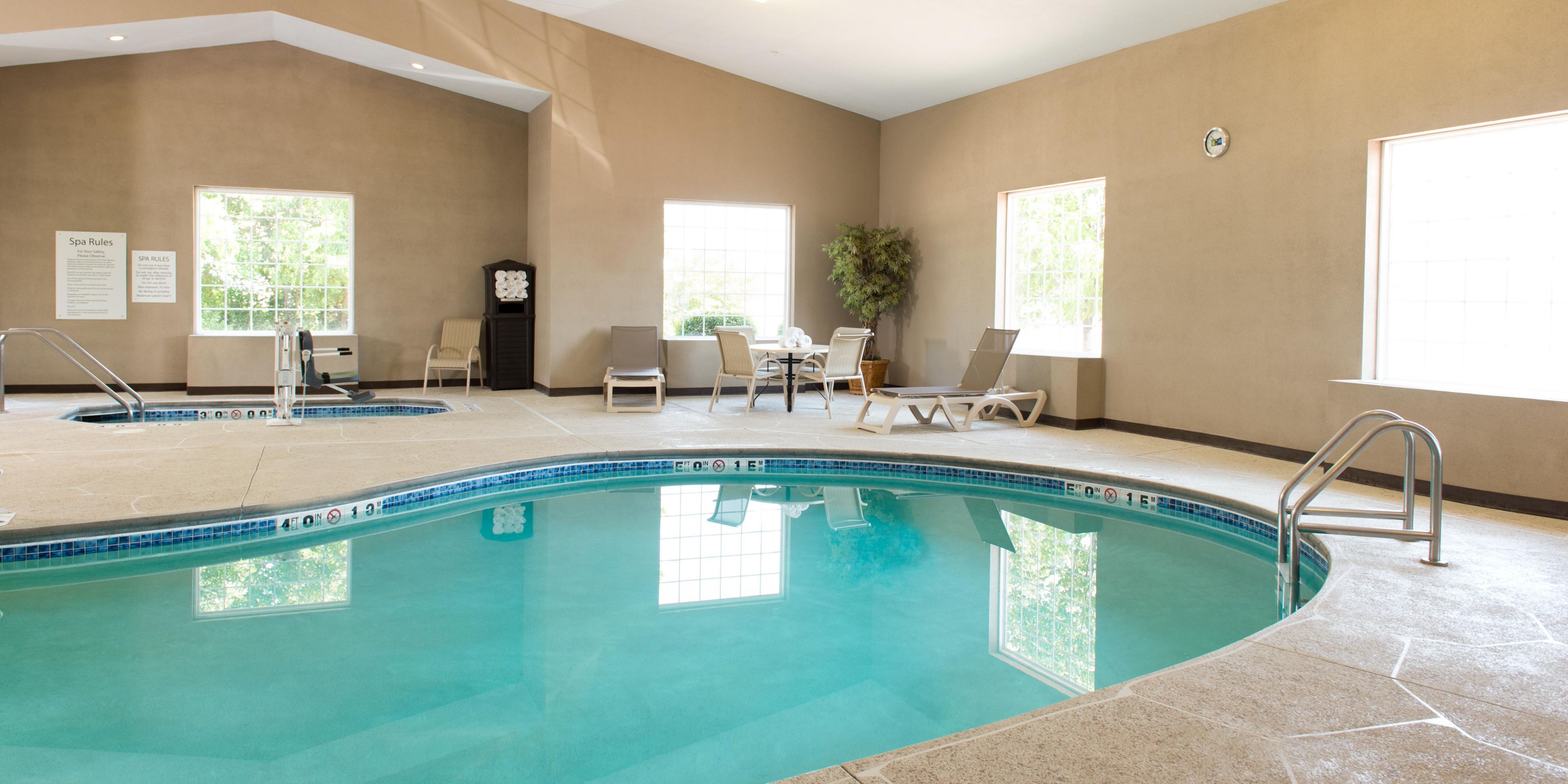 Enjoy our indoor pool and hot tub during your stay. Both are open daily from 6am to 11pm.