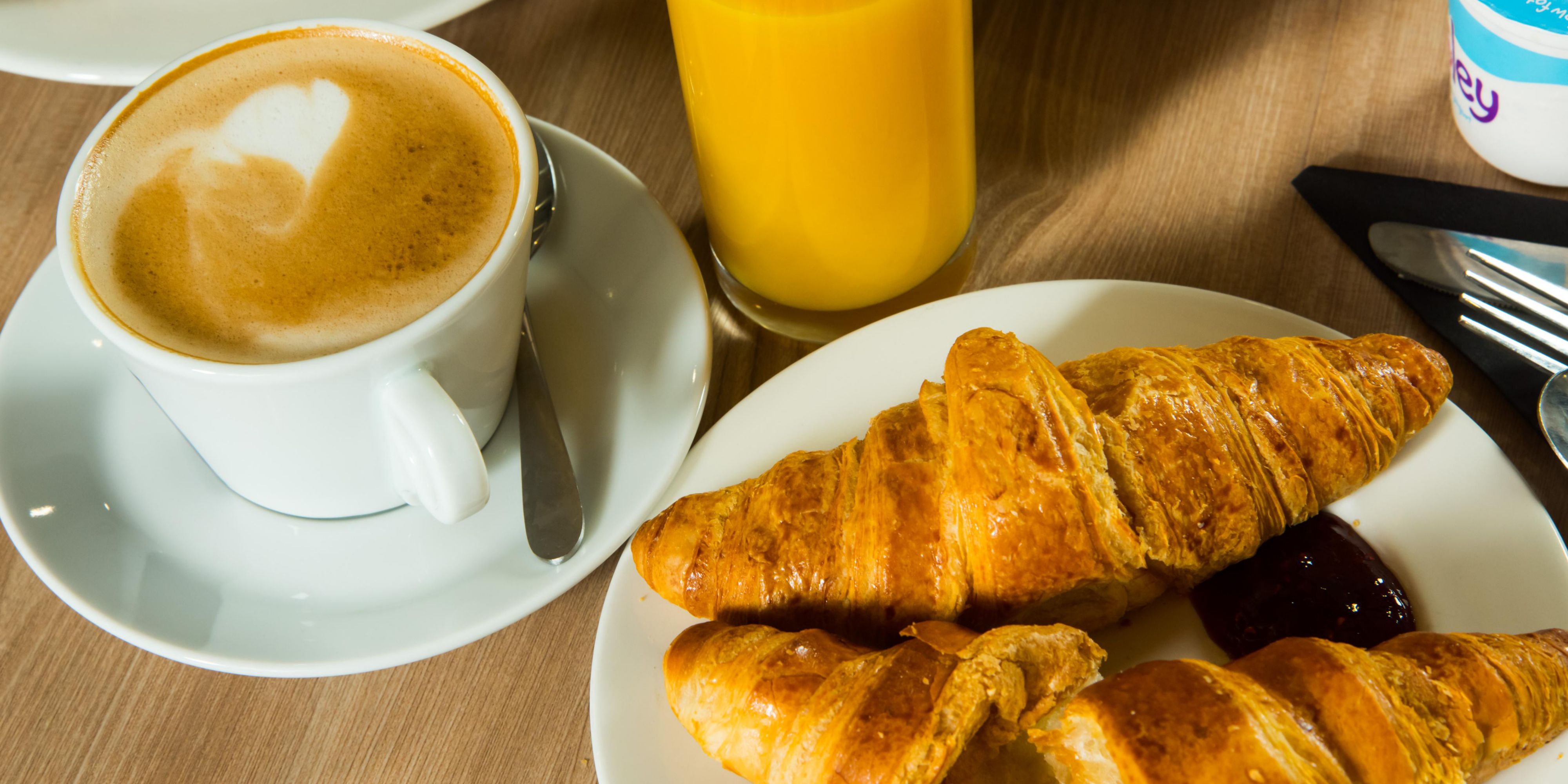 Start the most important part of your day right - choose from sausages, eggs, bacon, freshly baked pastries, cereal, fruit and a selection  of hot drinks.