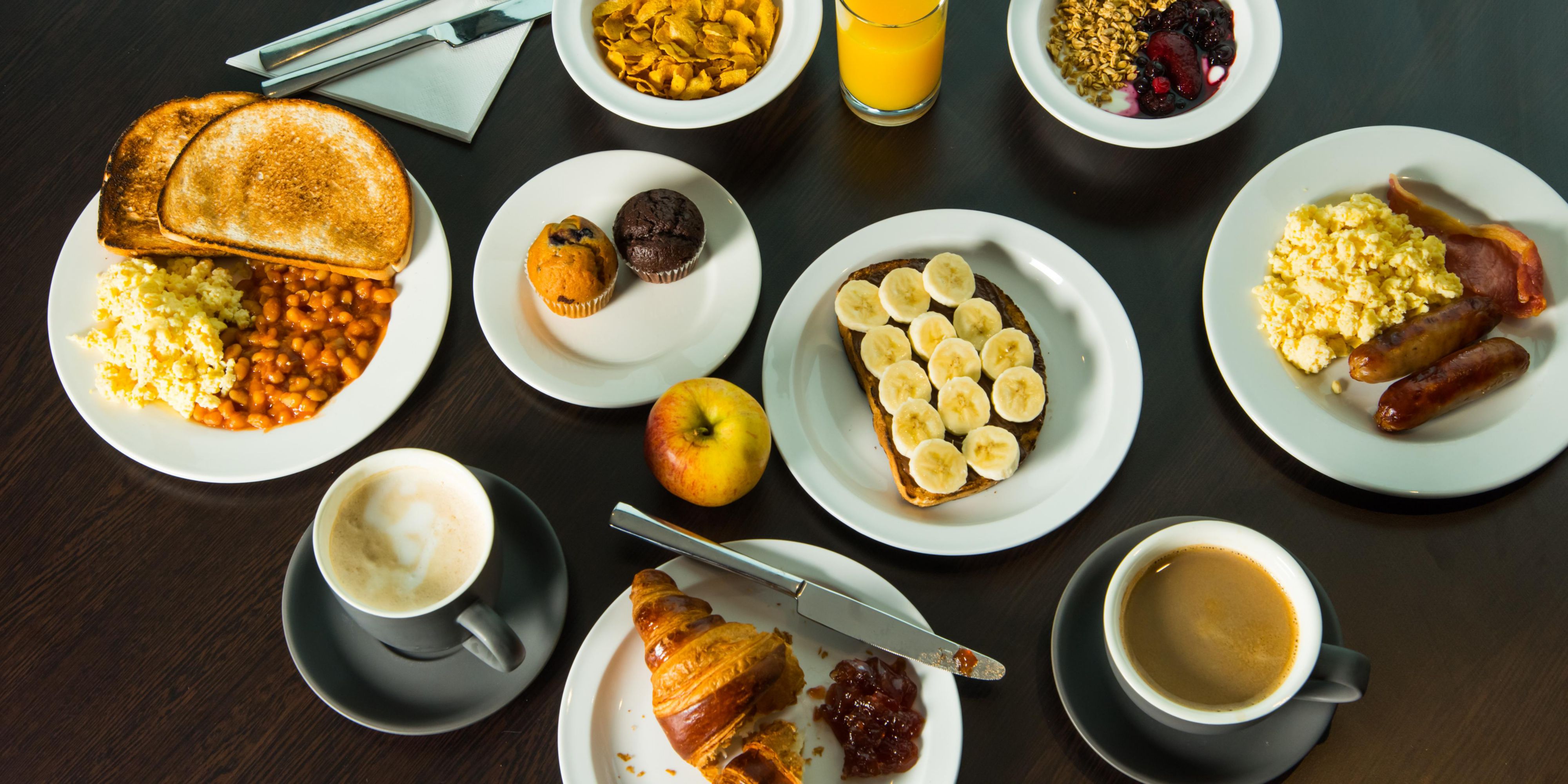 Kickstart your morning with our inclusive breakfast. Choose from a selection of hot and cold items like bacon, scrambled egg, sausages, toast and pastries. Grab & Go bags are available if you're in a hurry!