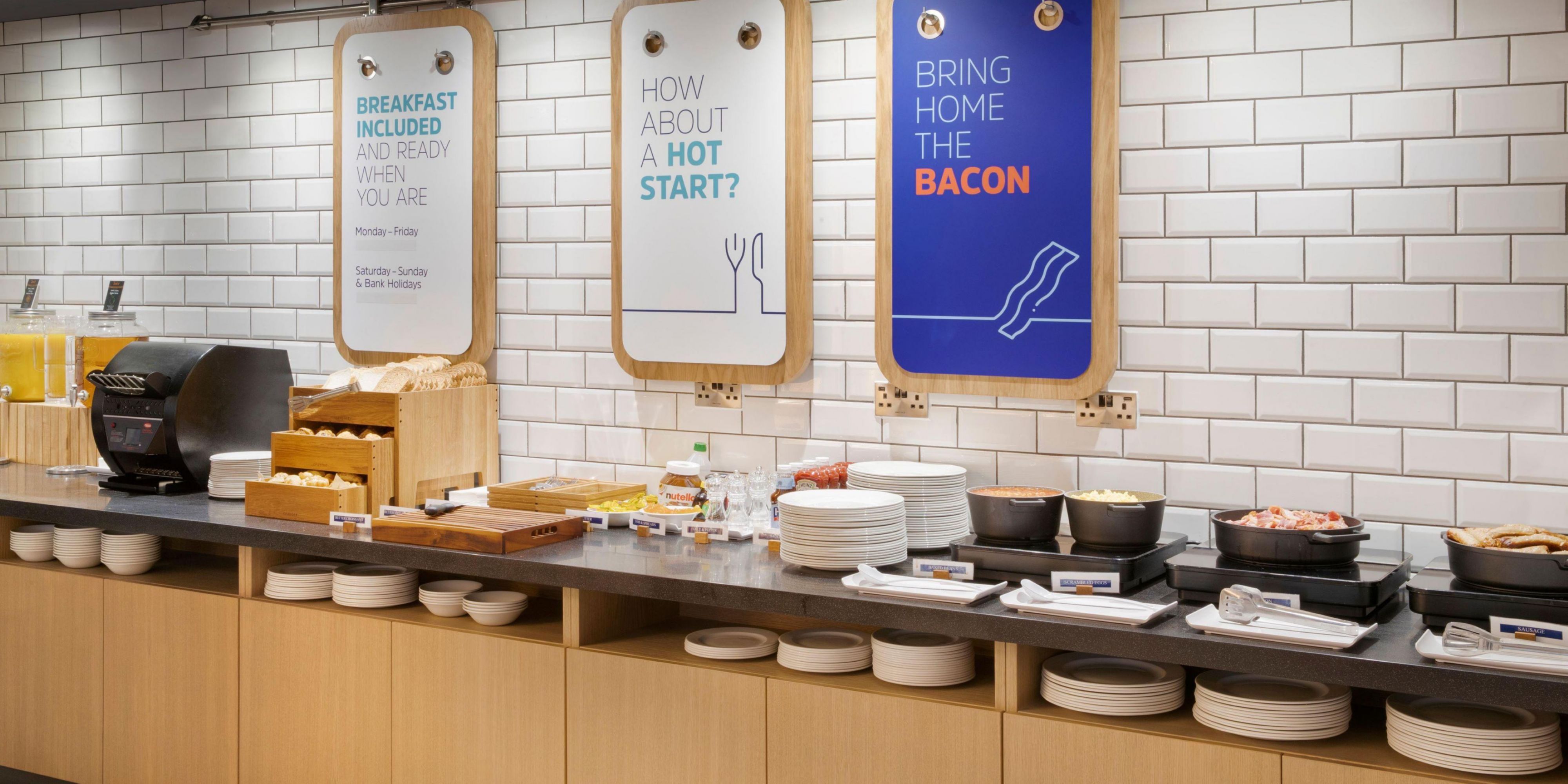 Our complimentary Express Start Breakfast or Grab & Go option. The complimentary breakfast includes cereals, fresh fruit, pastries and a number of hot items.
