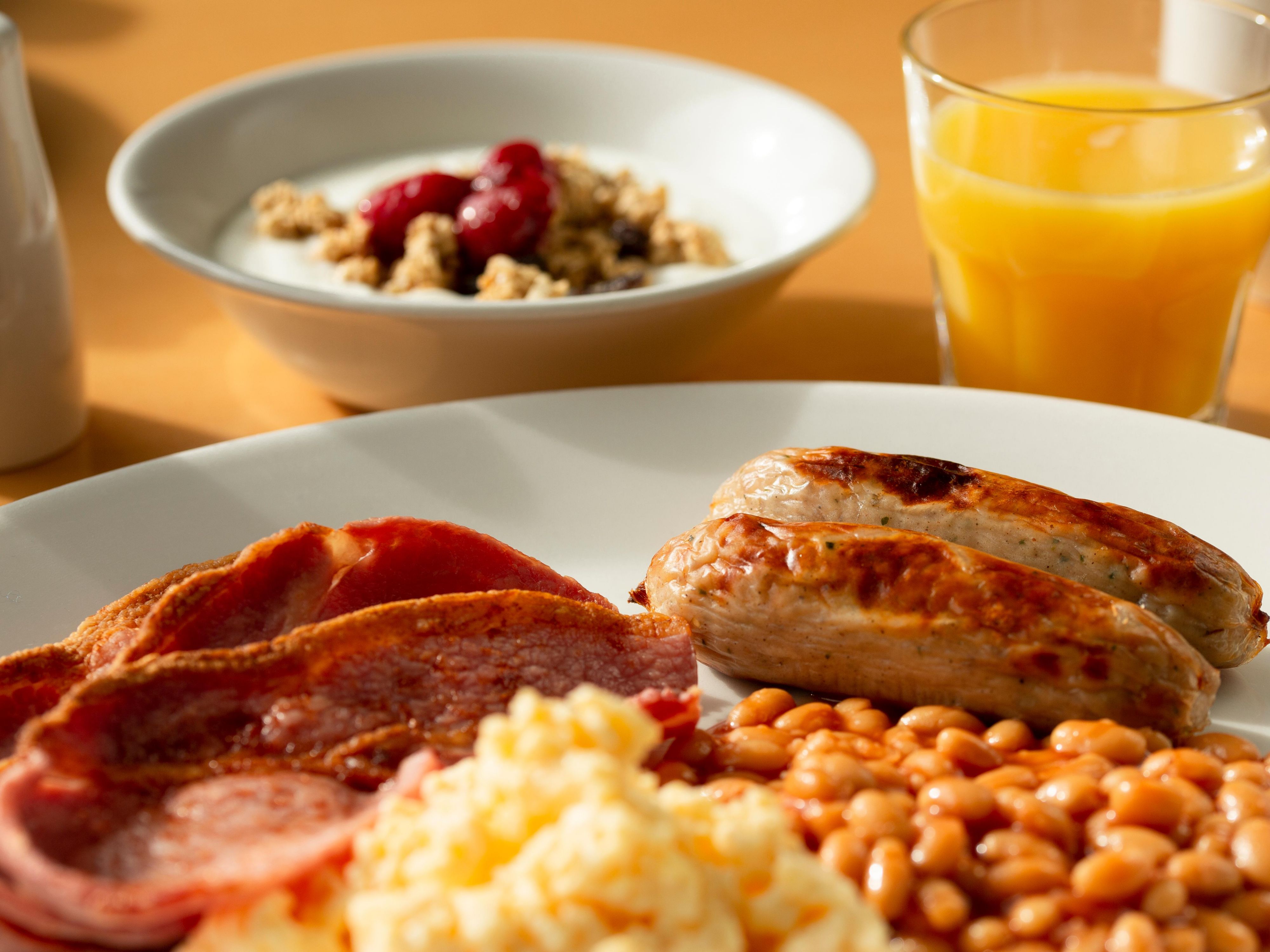Start the day with the Express Start Breakfast buffet, including a spread of fresh pastries and cereals, plus bacon, sausages, baked beans, tomatoes, hash browns and scrambled eggs.