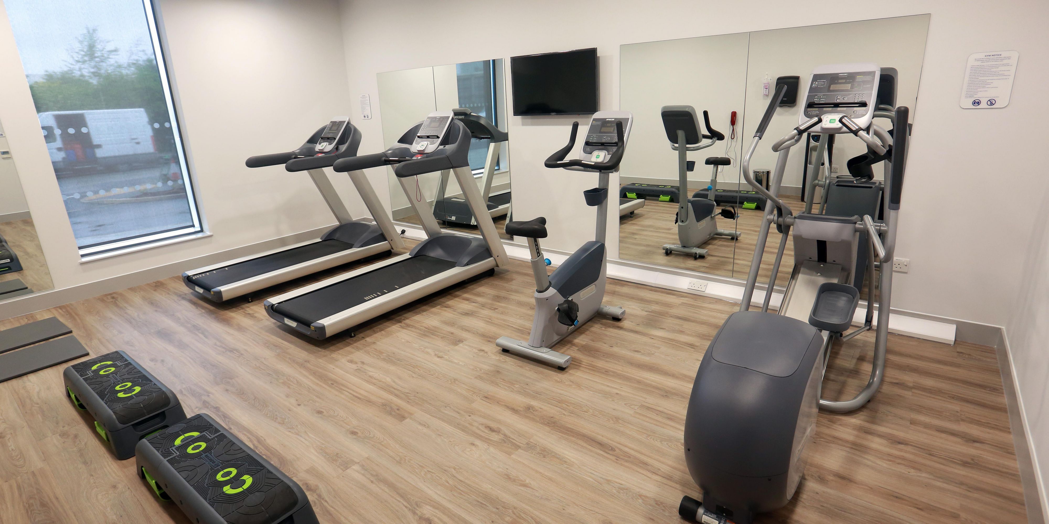 Our on-site fitness center features treadmills and cycle machines for guest use.
The fitness center is located on the ground floor and is open 24 hours. Guests just need their room keys to access the facility