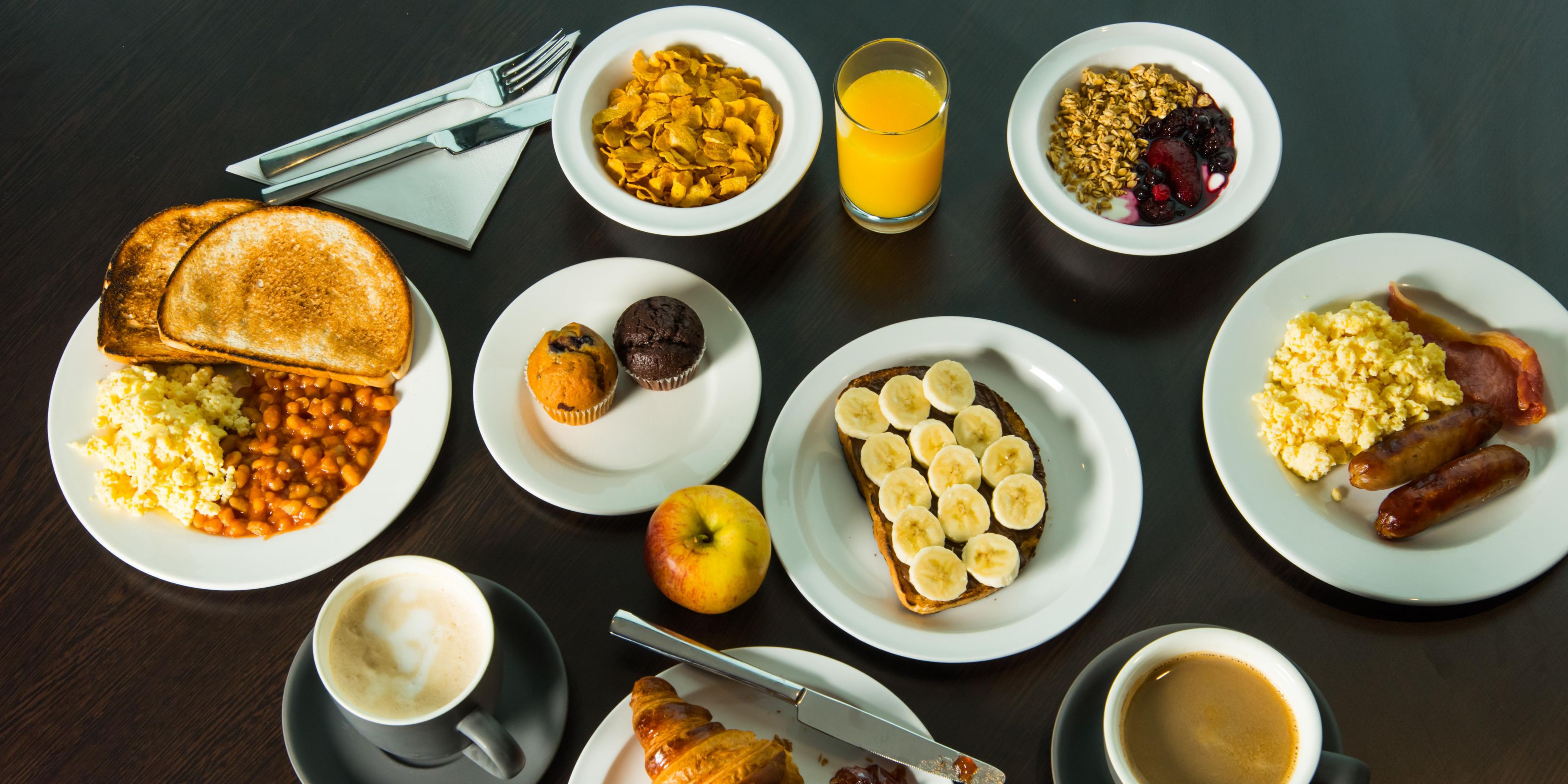 Kickstart your morning with our inclusive breakfast. Choose from a selection of hot and cold items like bacon, scrambled egg, sausages, toast and pastries. Grab & Go bags are available if you're in a hurry!