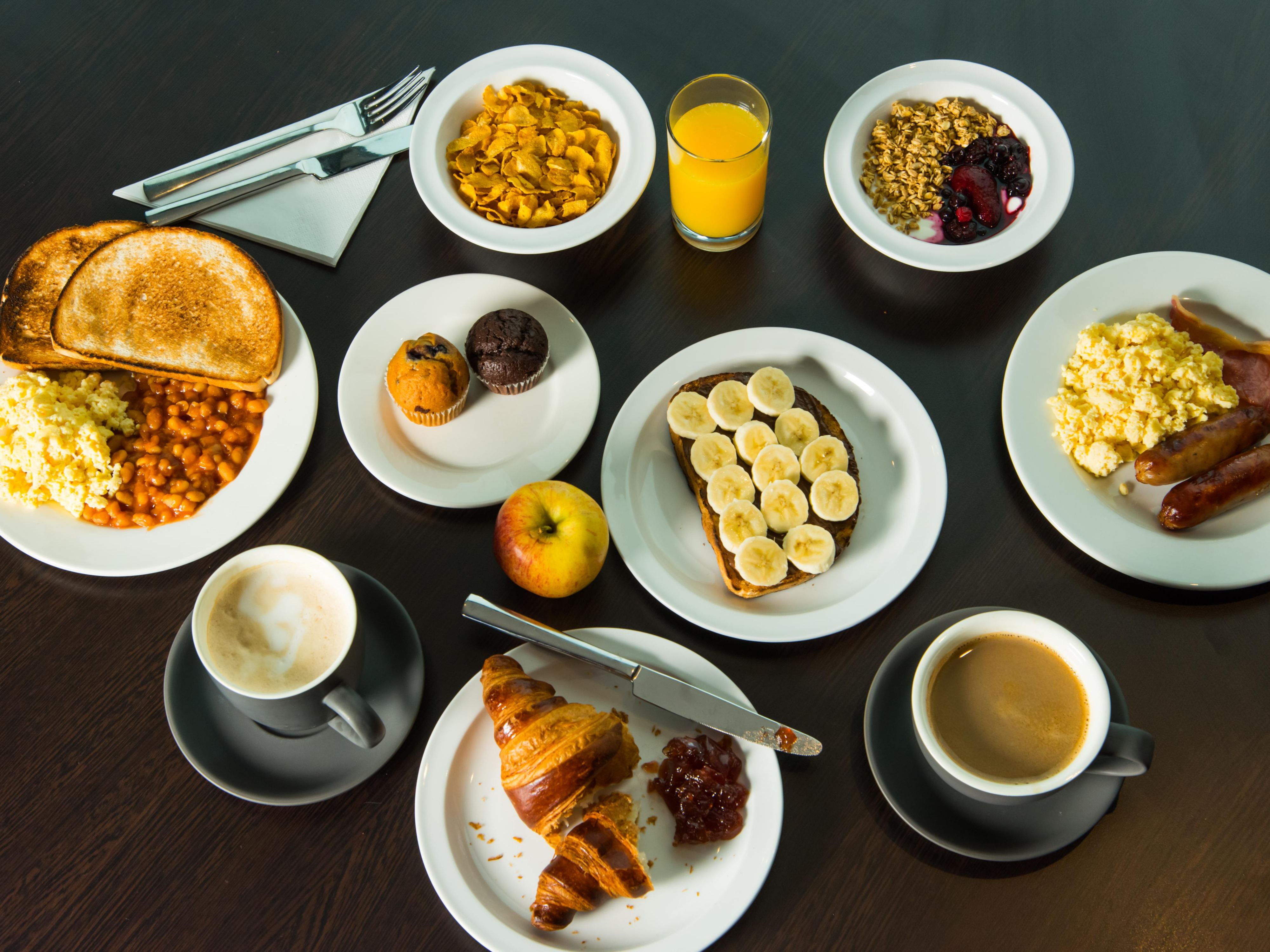 Kickstart your morning with our free breakfast. Choose from a selection of hot and cold items like bacon, scrambled egg, sausages, toast and pastries. Grab & Go bags are available if you're in a hurry!