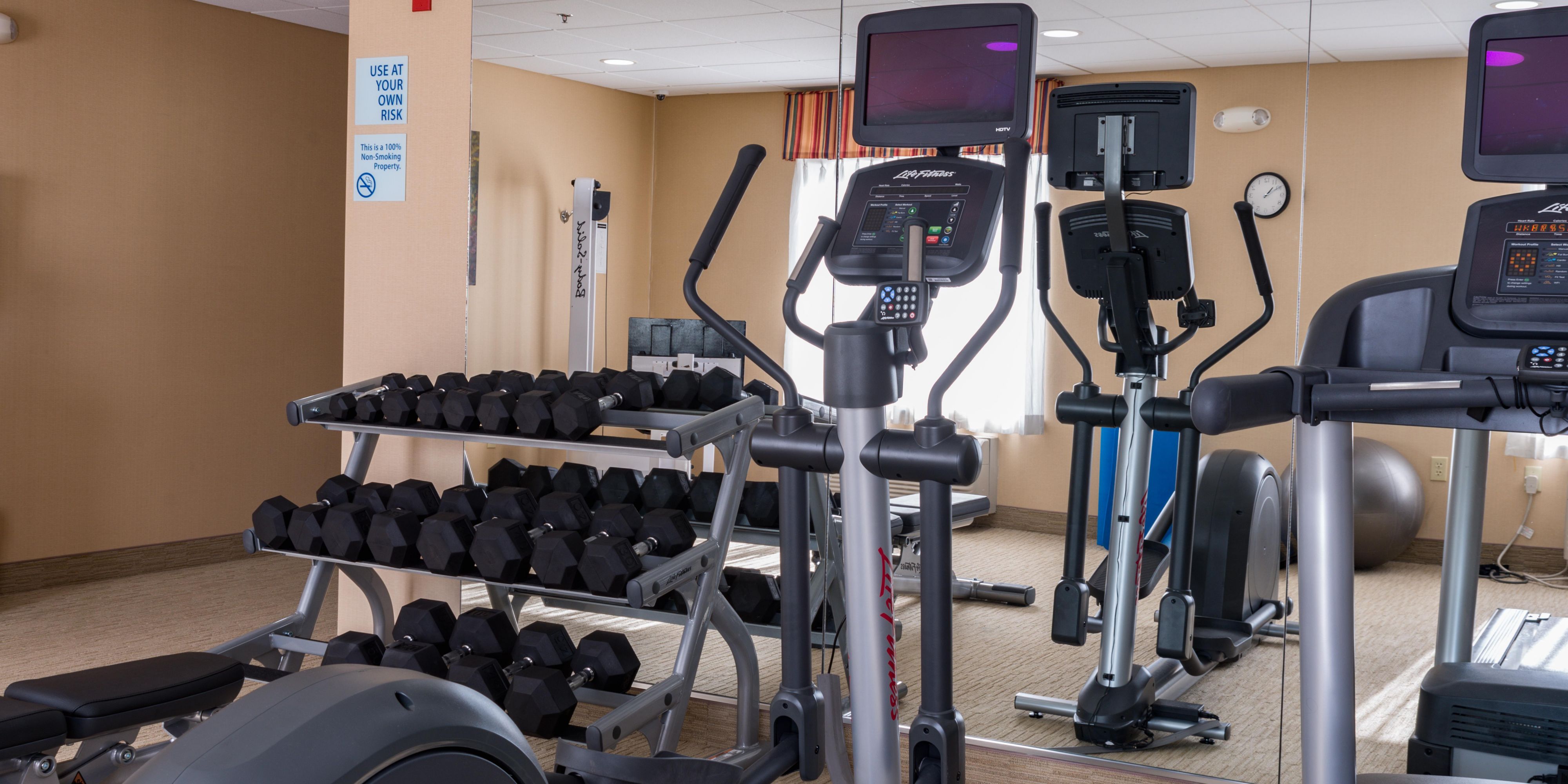 Enjoy our updated gym with everything you need to get your workout in while away from home. Our gym offers 2 treadmills, an elliptical machine, free weights, balance balls, and mats to keep up your exercise routine away from home. 