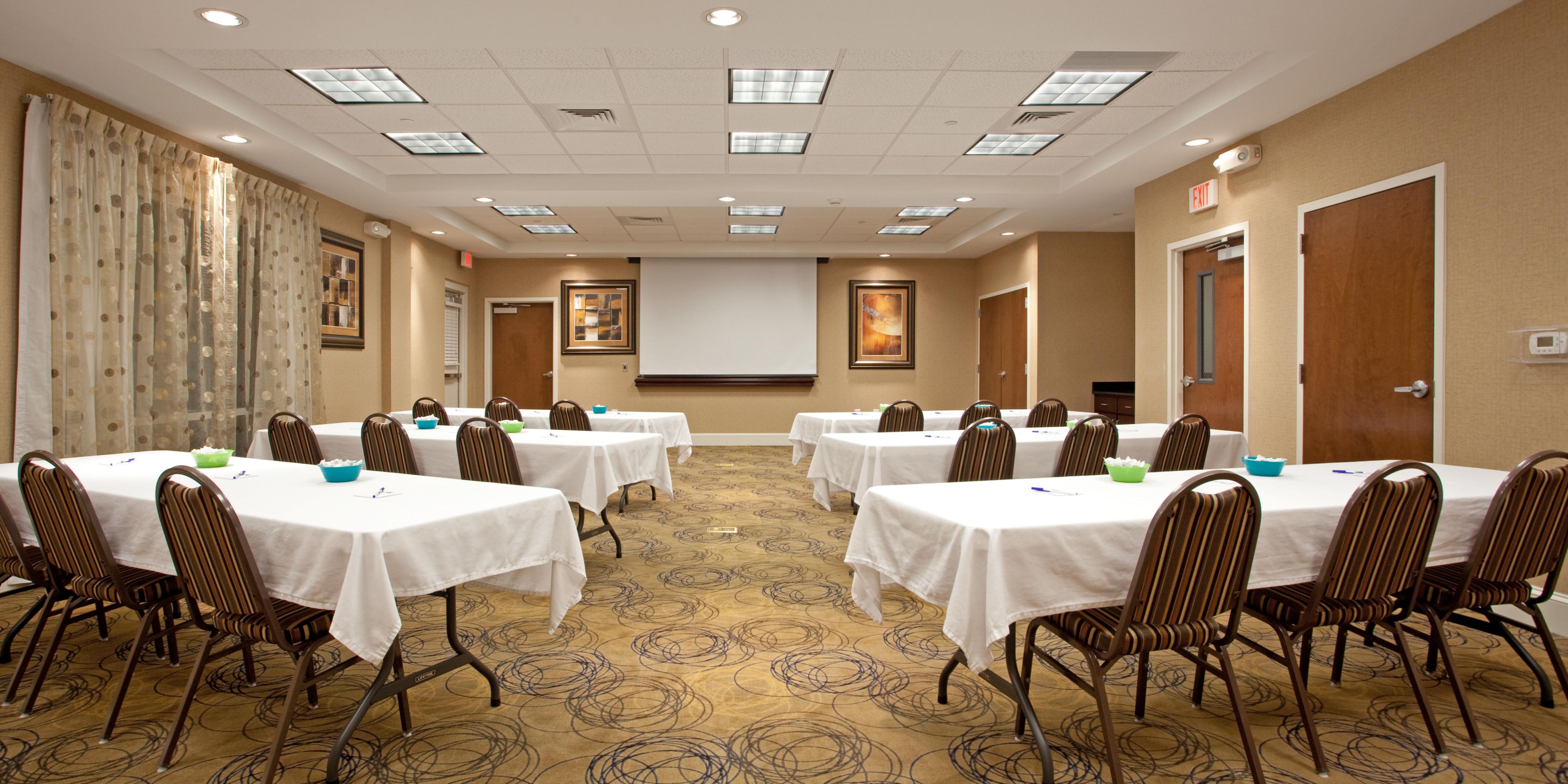 Our newly renovated hotel offers convenient meeting space for your next corporate gathering or social event.  800 square feet of space, accommodating up to 85 guests.  The number of guests will vary based on your set-up requirements.  Call us today and let us help you take the worry out of your next event.