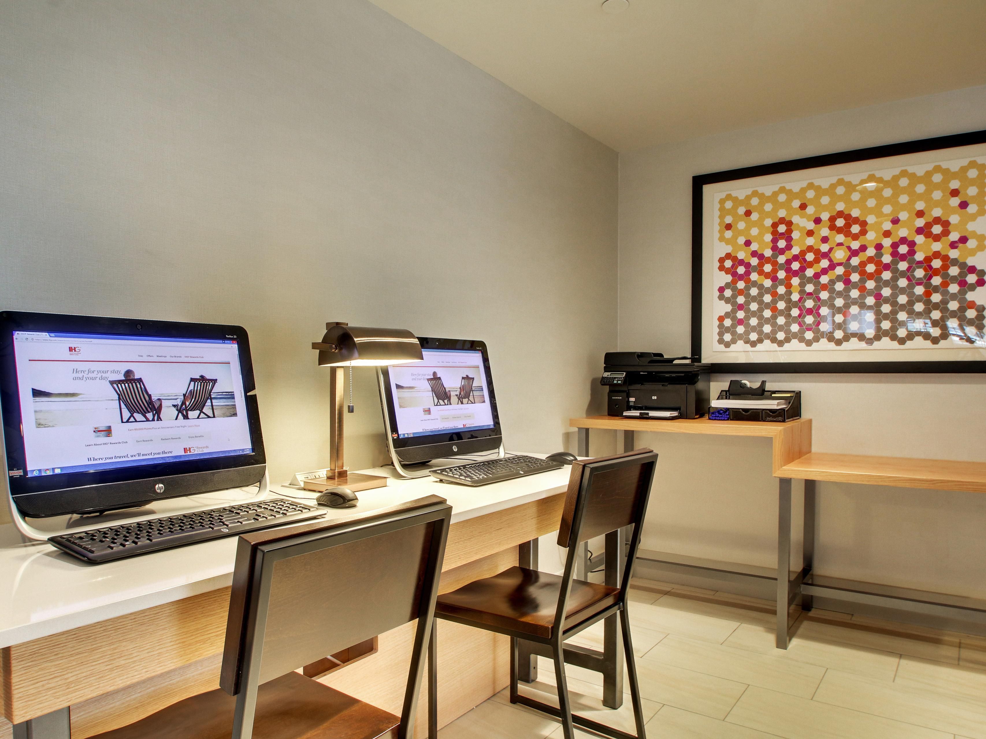 Our business center has fax, scan, and mobile printing capability.