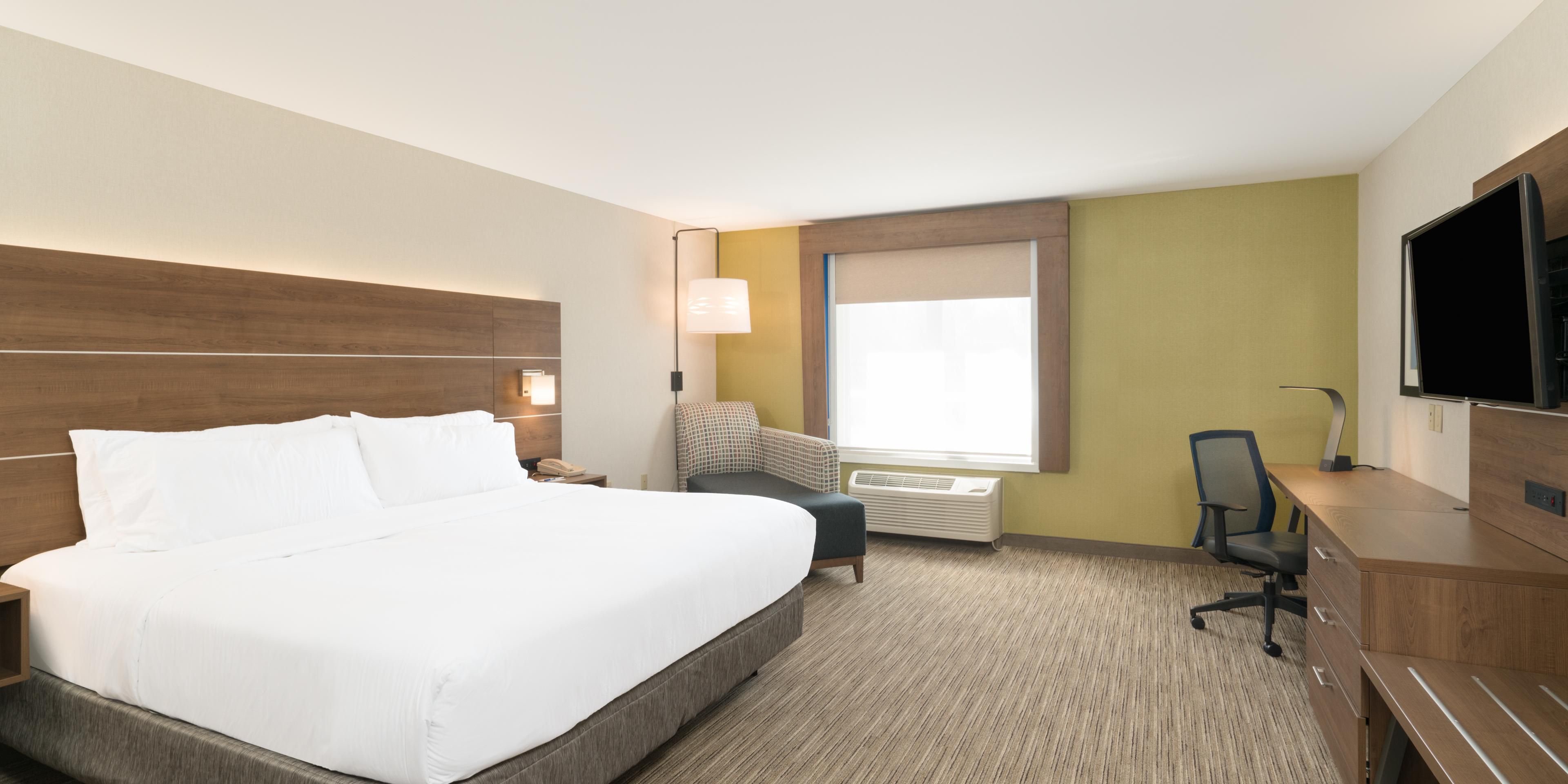 When you book your wedding block at the Holiday Inn Express stay in our spacious rooms with all the standard amenities you expect, every room is equipped with a mini-fridge & microwave, flat panel TVs with numerous HD options, and large work desk. 