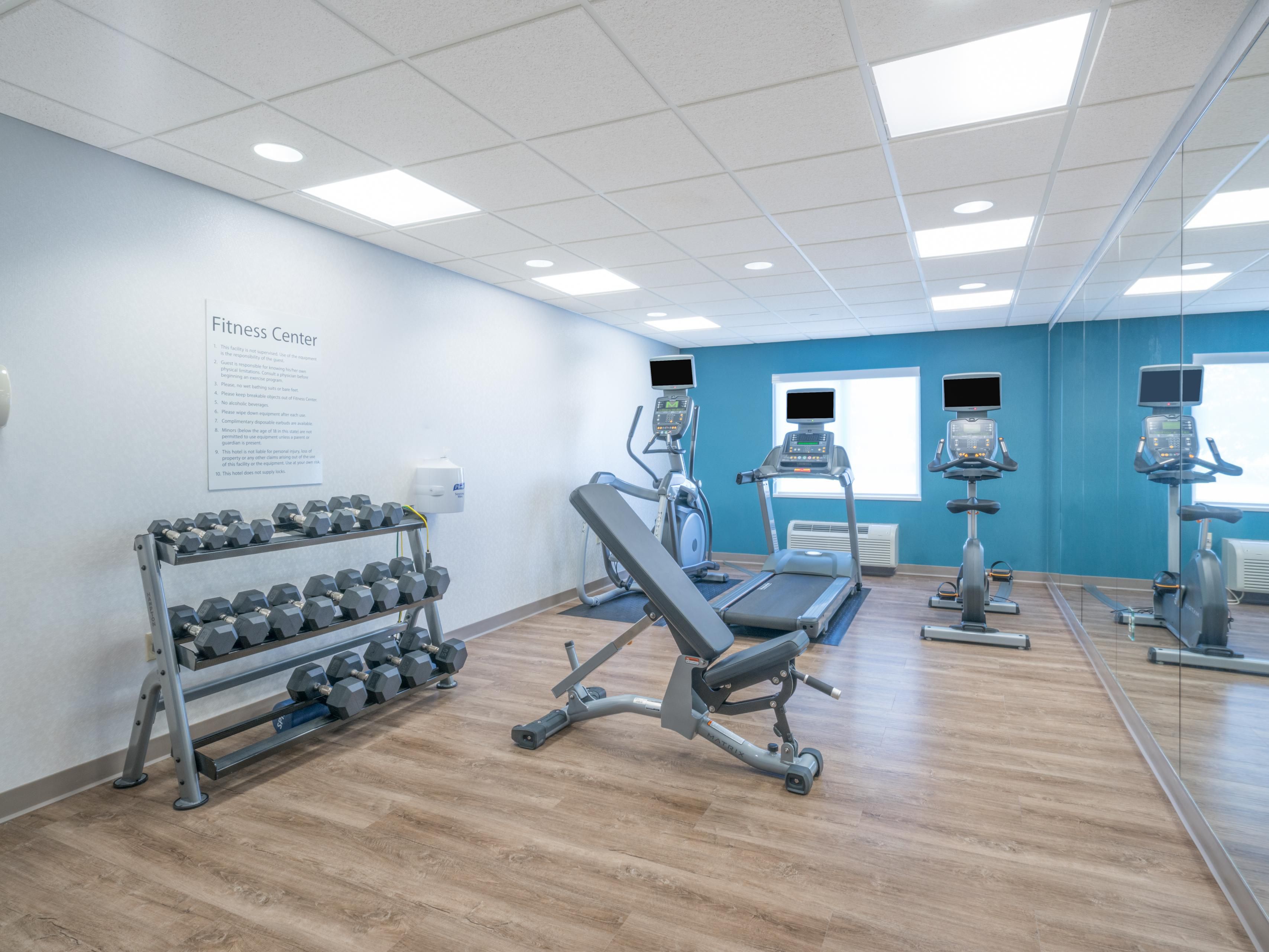Relax and unwind at our indoor heated pool.  Our fitness center includes a stationary bike, treadmill and elliptical machines. 