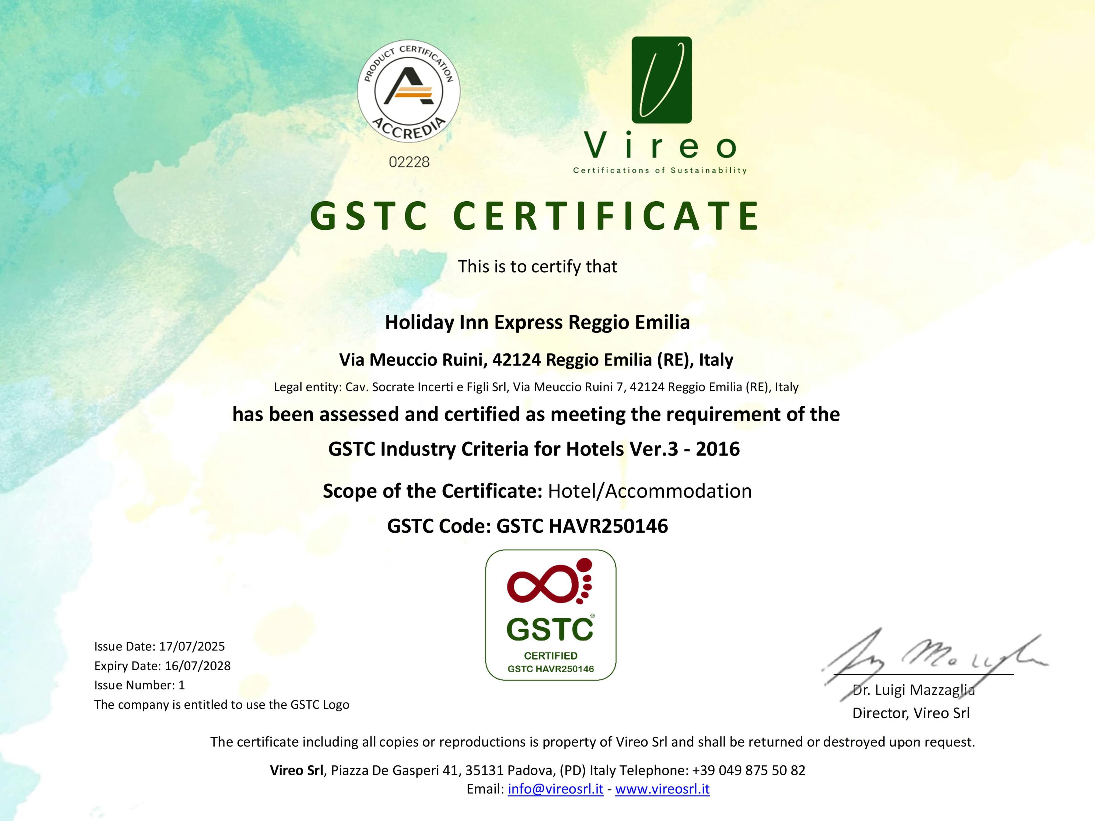Holiday Inn Express Reggio Emilia is now GSTC certified. Today the hotel industry considers sustainability as a key priority responding to growing environmental and social needs. Travellers' awareness of environmental issue has prompted us to embark on a journey of change. The aim is to reduce environment impact.