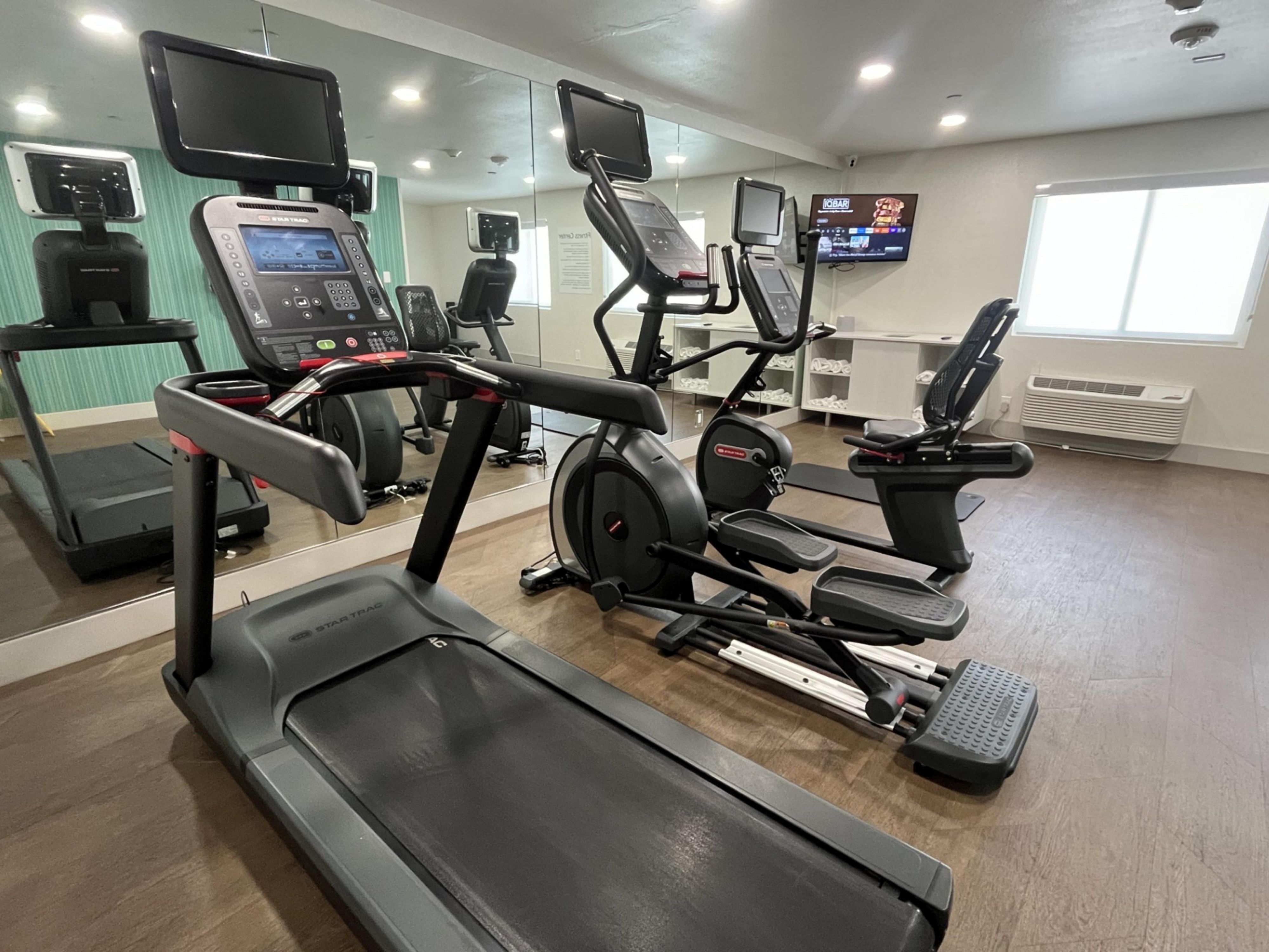 Treadmill, stationary bike, and elliptical to keep you moving.