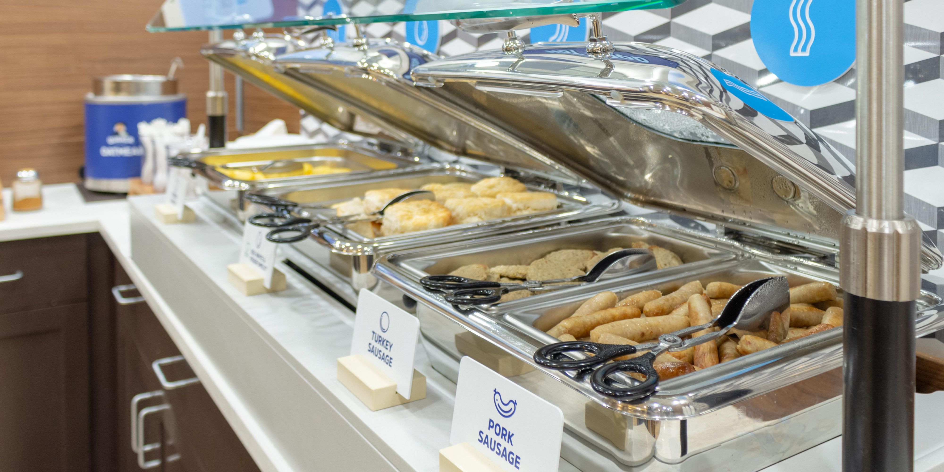 Wake up to our free Express Start Breakfast bar offering a full range of breakfast items including egg white omelets, bacon, sausage, Chobani yogurt, gluten free muffins, whole wheat English muffins, oatmeal, cereal, fresh fruit and a one-touch pancake machine.