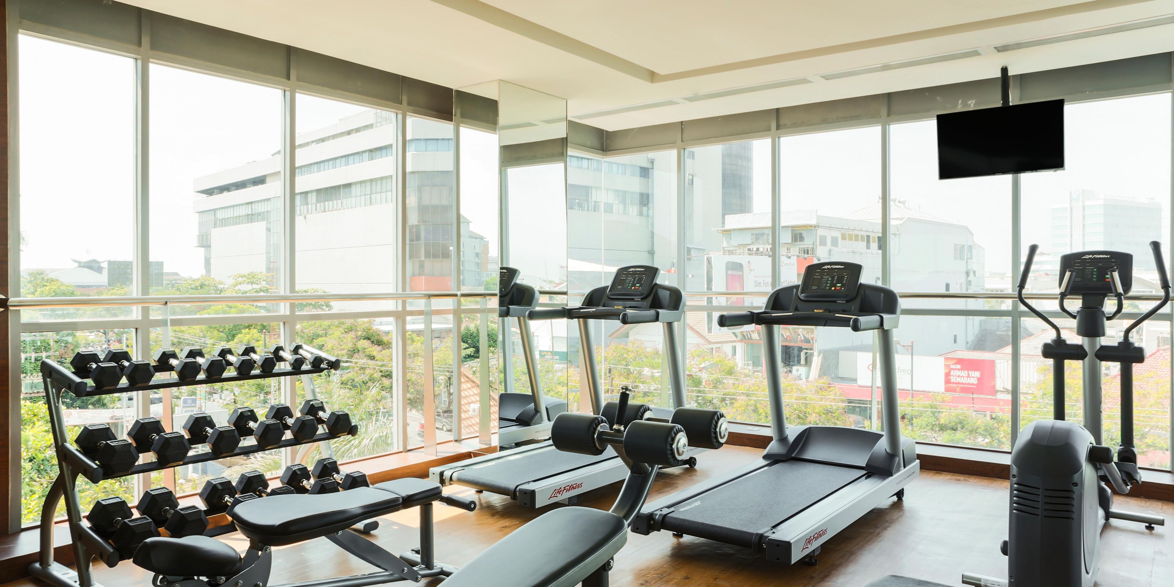 Our Fitness Room, equipped with treadmills, free weights and stationary bicycle, is located on 3rd floor where you can enjoy the city view during your workout. It is open 24 hours for all guests, accessible with your room key card.  