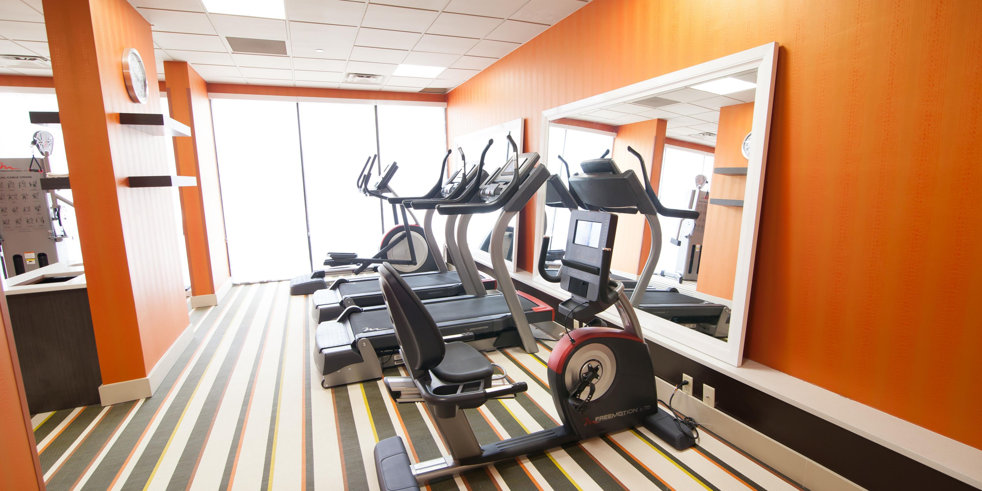 Stay active while you're on the road! Our well-equipped fitness center has a variety of equipment including treadmills, stationary bikes, free weights, kettle bells, and elliptical machines - plenty to get a full workout in!