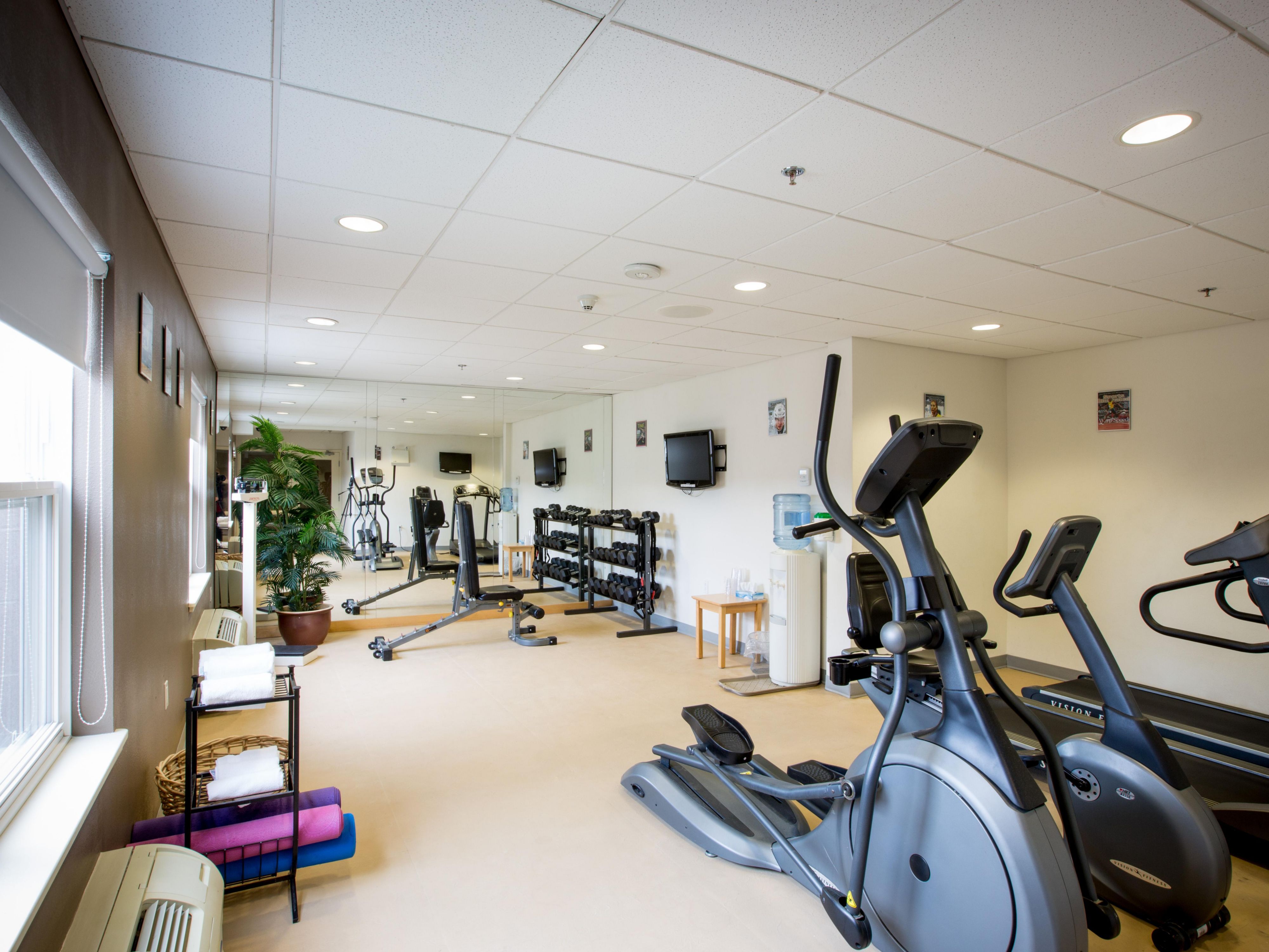 Our onsite fitness center has everything you need to get in a great workout on the road, so you don't have to feel like you're out of your routine. We've got two treadmills, an elliptical, a recumbent bike, yoga mats, and dumbbells up to 50LBS.