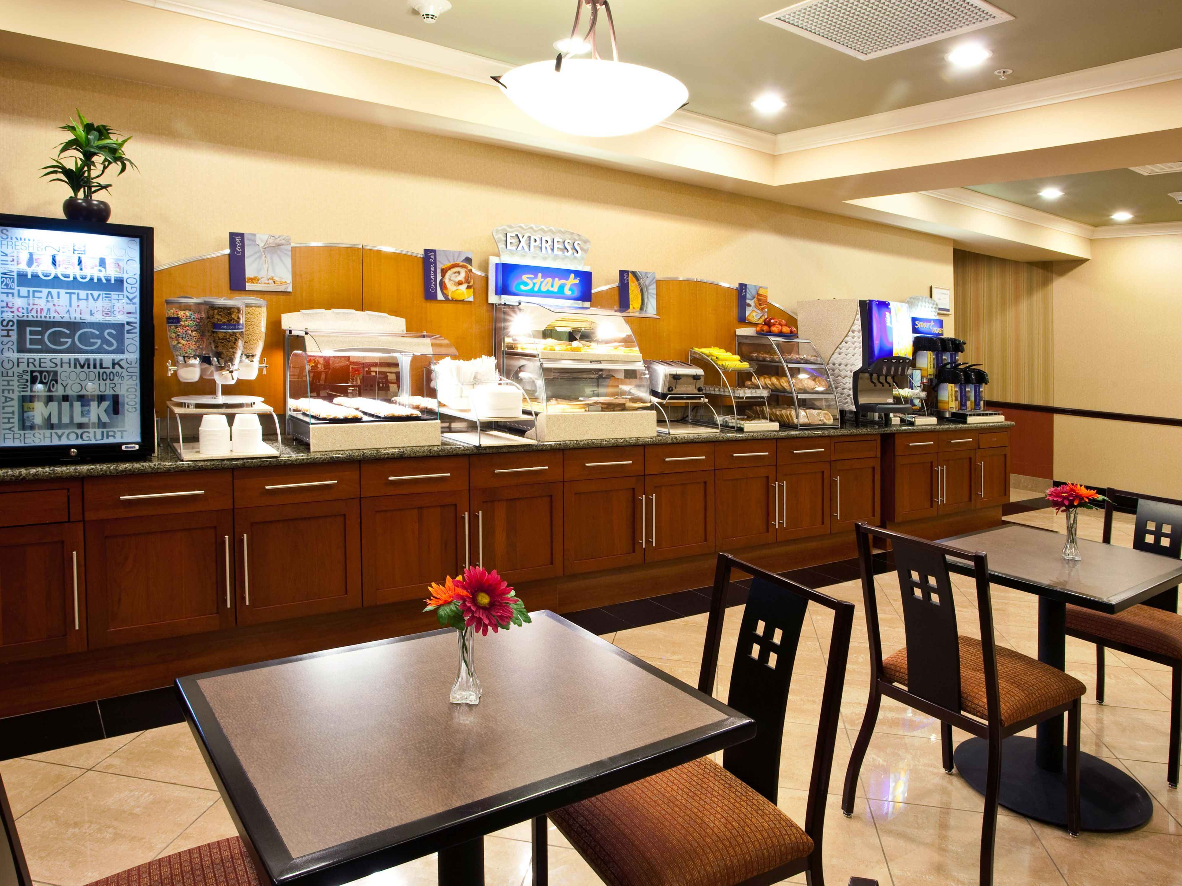 Wake up each morning and jump-start your stay at our Express Start Breakfast bar. You will find a full range of breakfast items including egg white omelets, Chobani yogurt, whole wheat English muffins, oatmeal, cereal and a one-touch pancake machine.