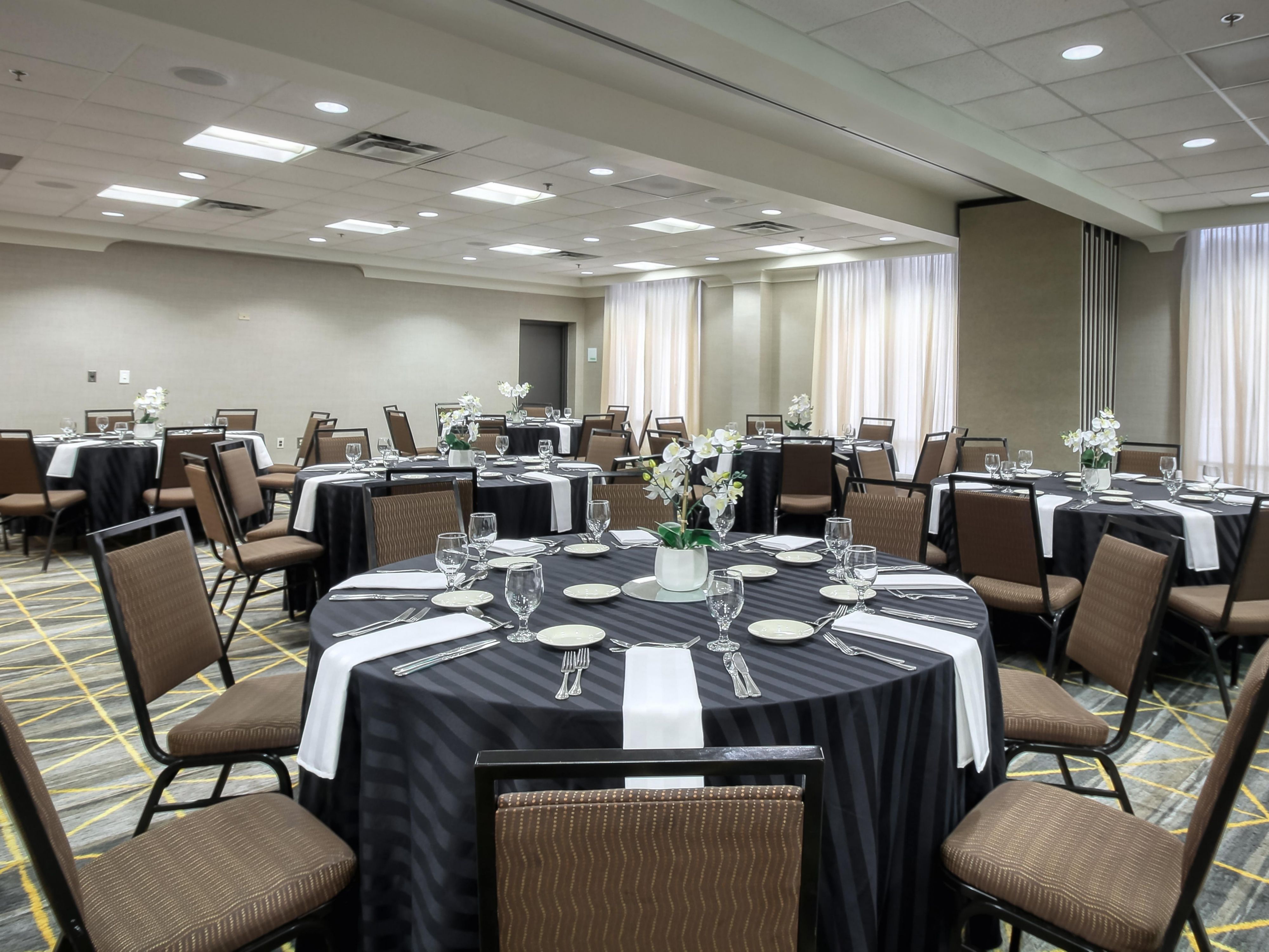Our hotel is the premier choice for meetings, events, and weddings. Our 12000 sq ft of flexible meeting space can accommodate up to 400 guests. Our on-site professional event planners and catering teams will create custom menus and help guests to create memorable occasions.