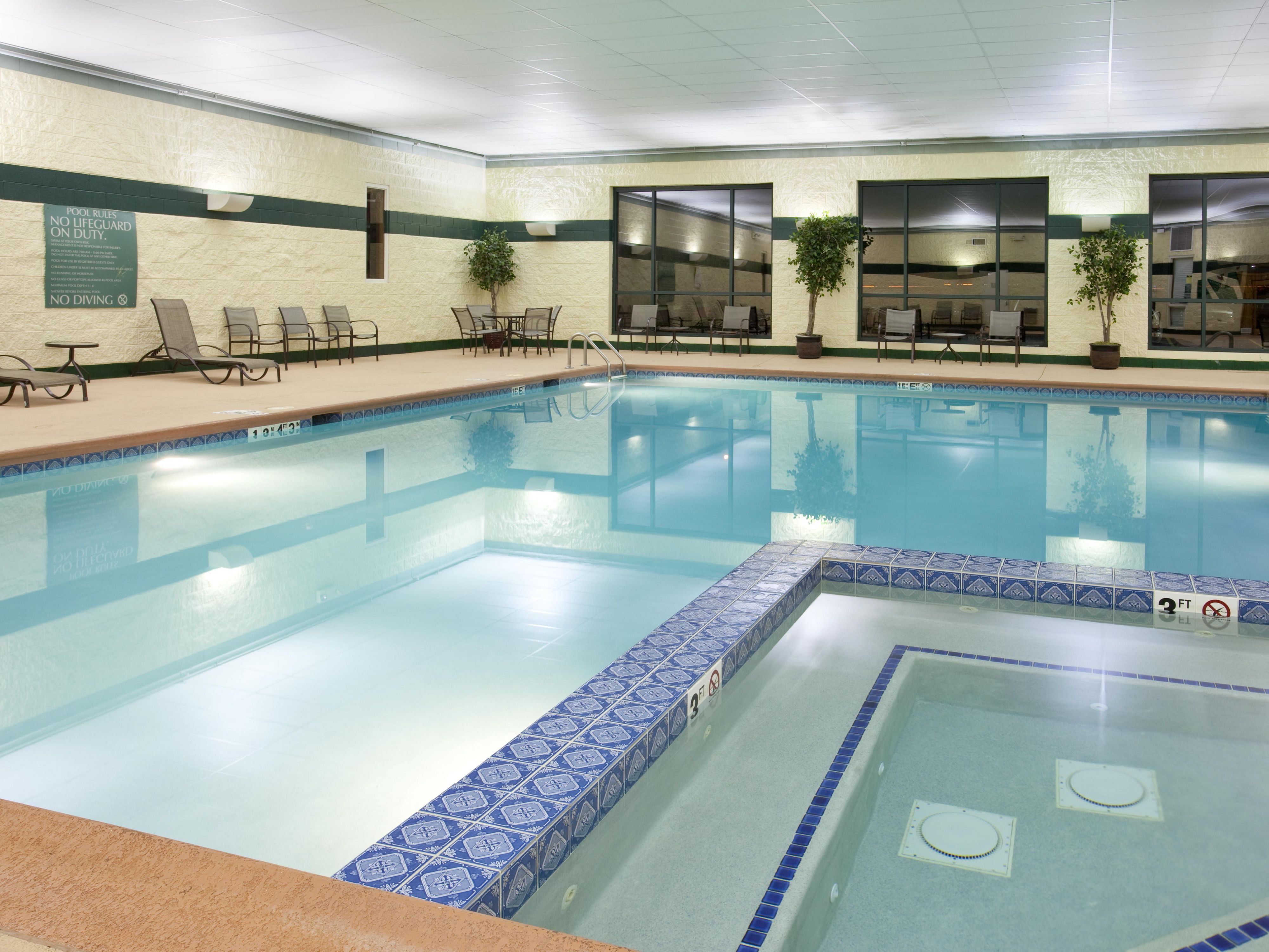 Our indoor pool invites you to take a dip daily from 6:00 AM – 11:00 PM. Start your morning with invigorating laps, make a mid-afternoon splash, wind down with a leisurely evening swim or a soothing soak in the Whirlpool. Whatever you like to do, our pool is the perfect place for recreation and relaxation. 