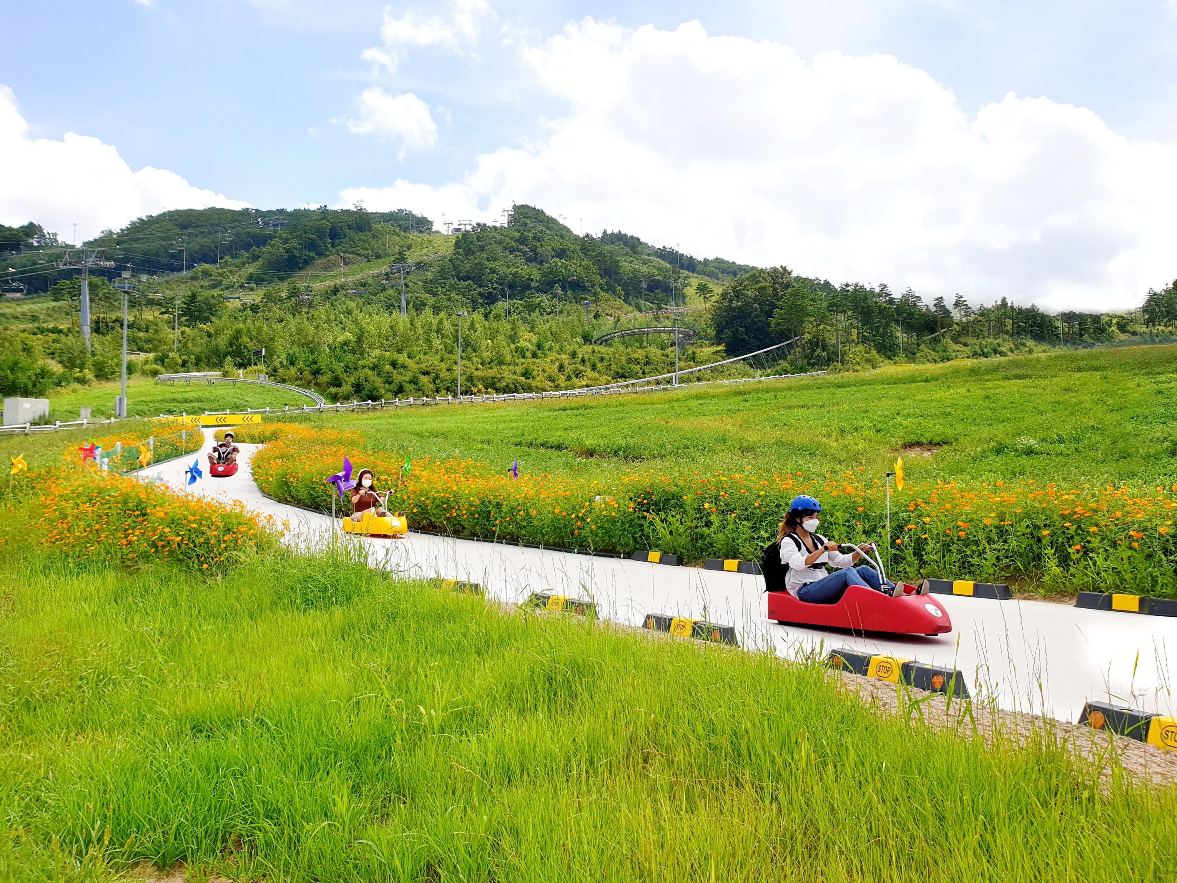 Perfect speed and thrill! Exciting Luge! Luge, one of the sledding events at the Winter Olympics, is a non-motorized leisure sport modified for use in all seasons by attaching wheels to a sled. Although the slope of the track using the alpha slope is relatively gentle, you can feel a sense of speed and thrill due to the track's repeated curves.