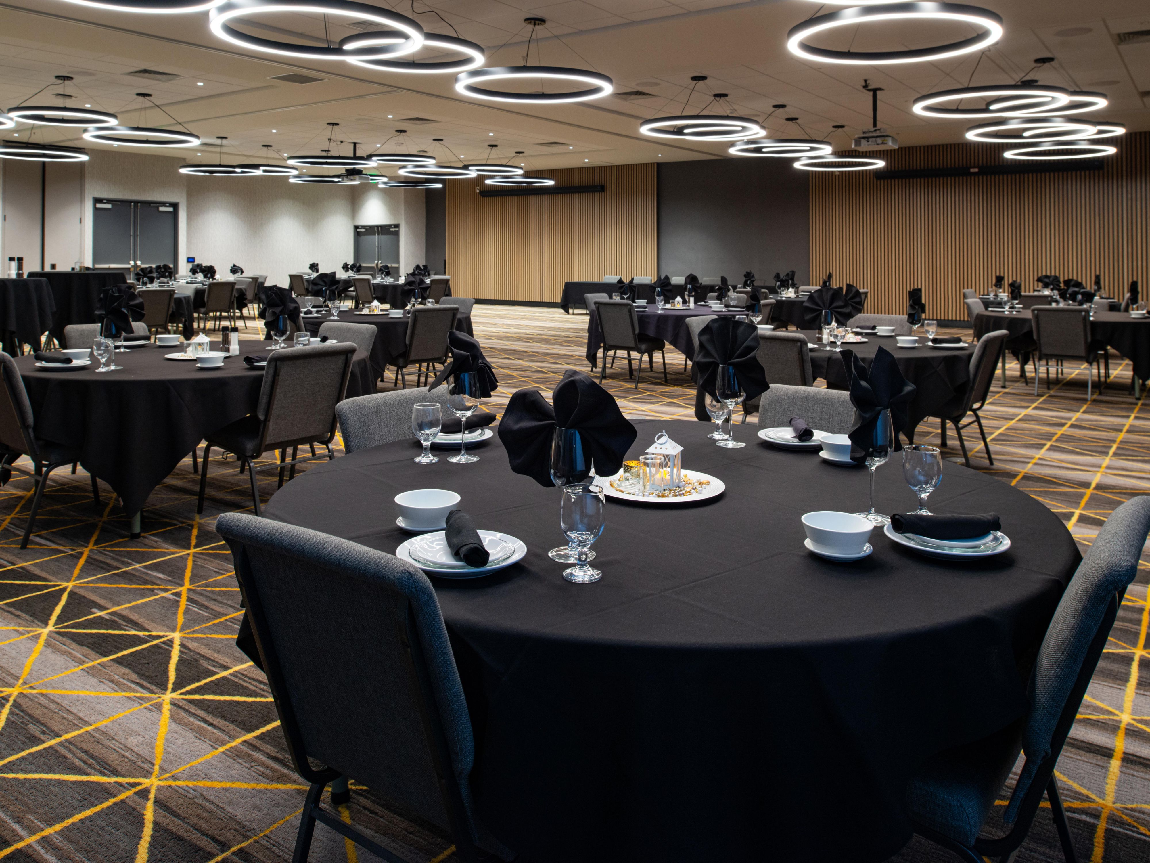 With just shy of 4600 sqft we can host up to a 325 person plated dinner, 500 person seminar, or break the room up in to 3 separate areas for your multi purpose meetings and conventions. We offer full on site catering to fit all needs and budgets. 