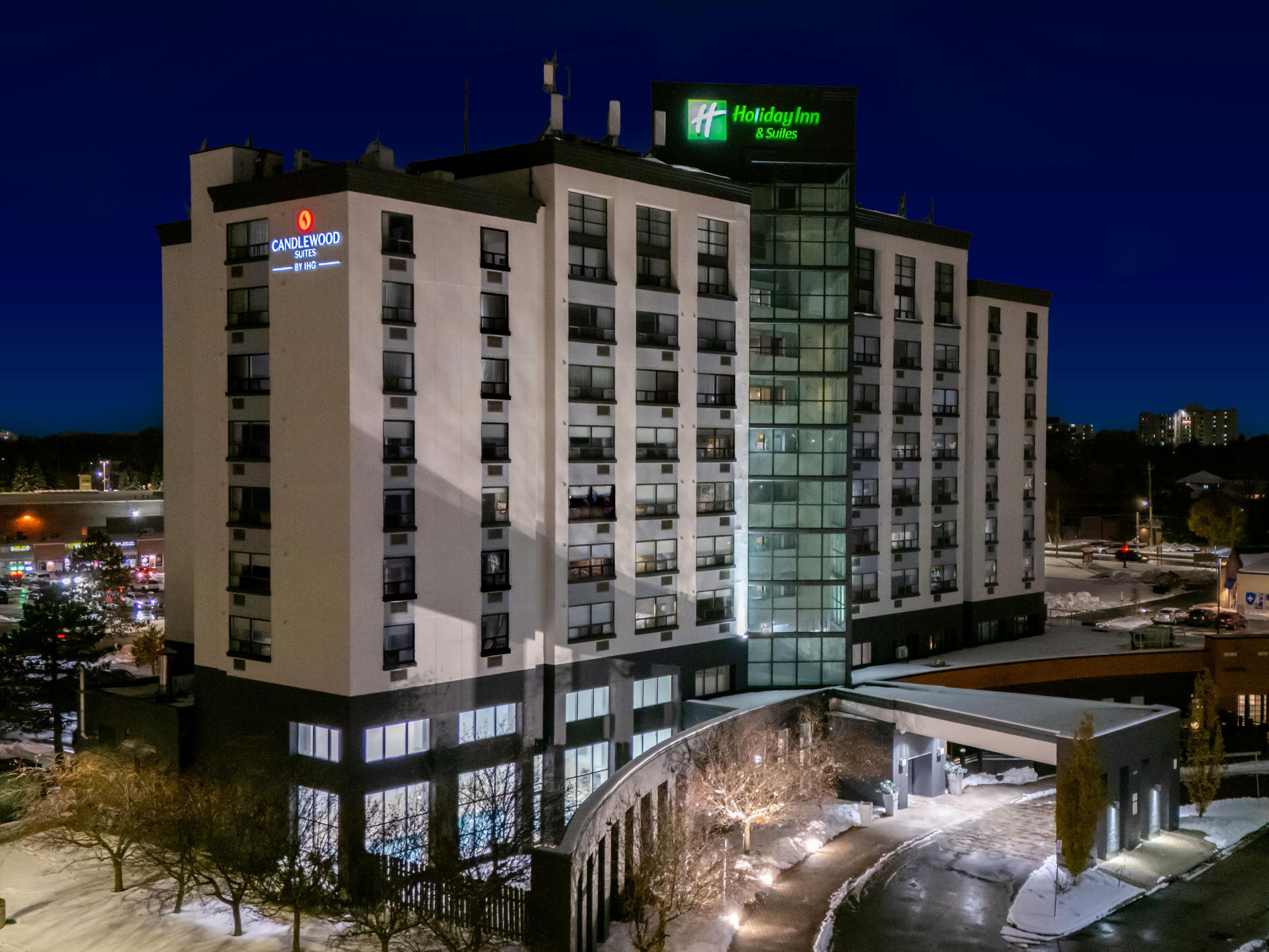 London hotel exterior illuminated at night