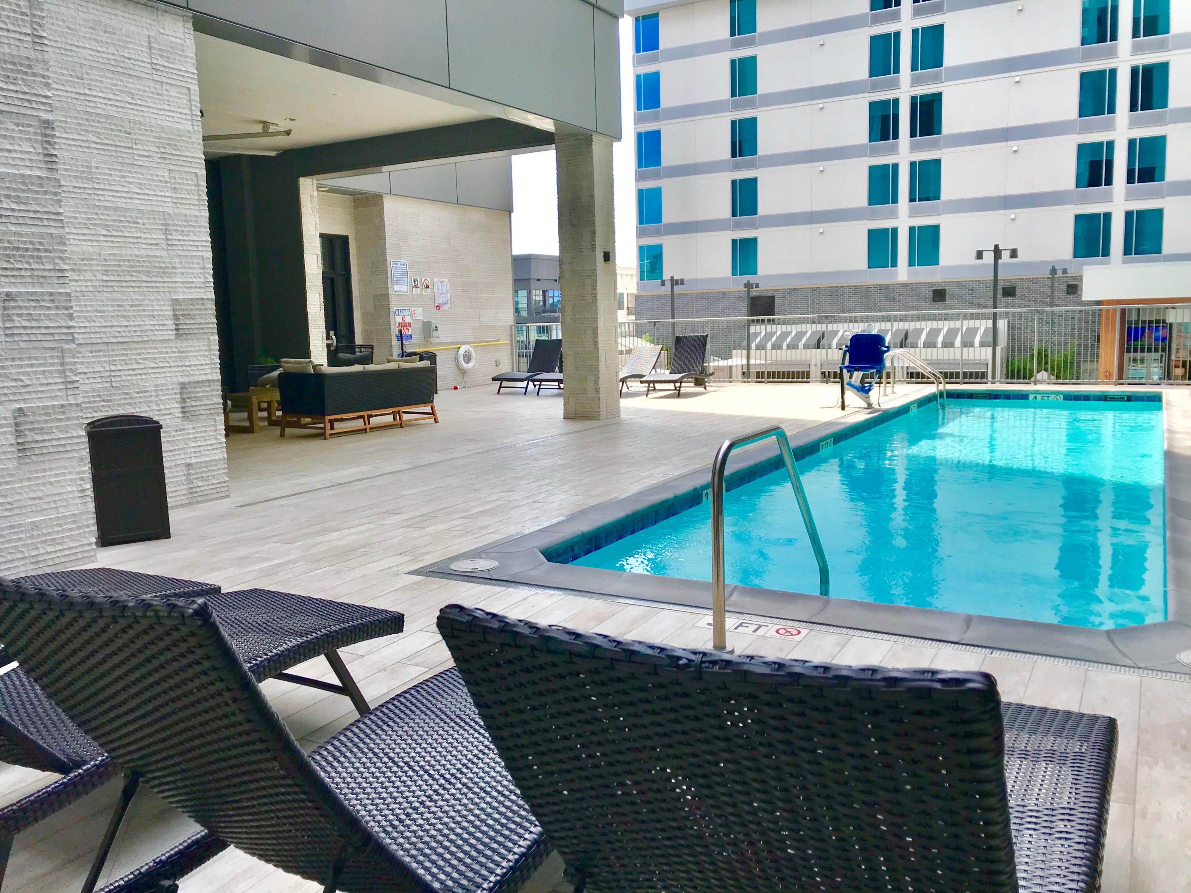Spend a family-friendly day at our seasonal outdoor swimming pool, open daily from 10 a.m. - 9 p.m. There is no lifeguard on duty. 