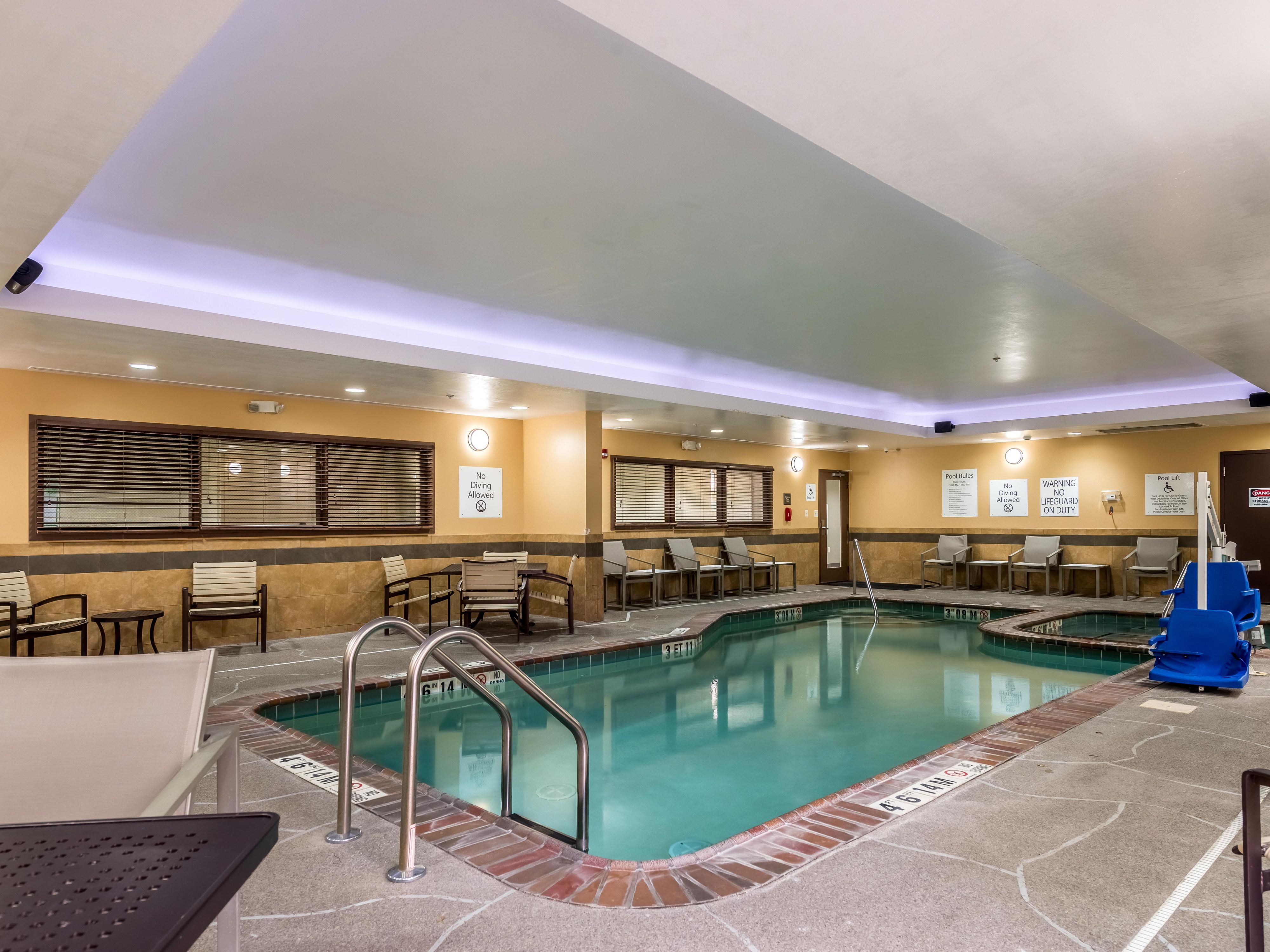Relax at our Indoor Heated Swimming Pool: Open 6 am - 11 pm 