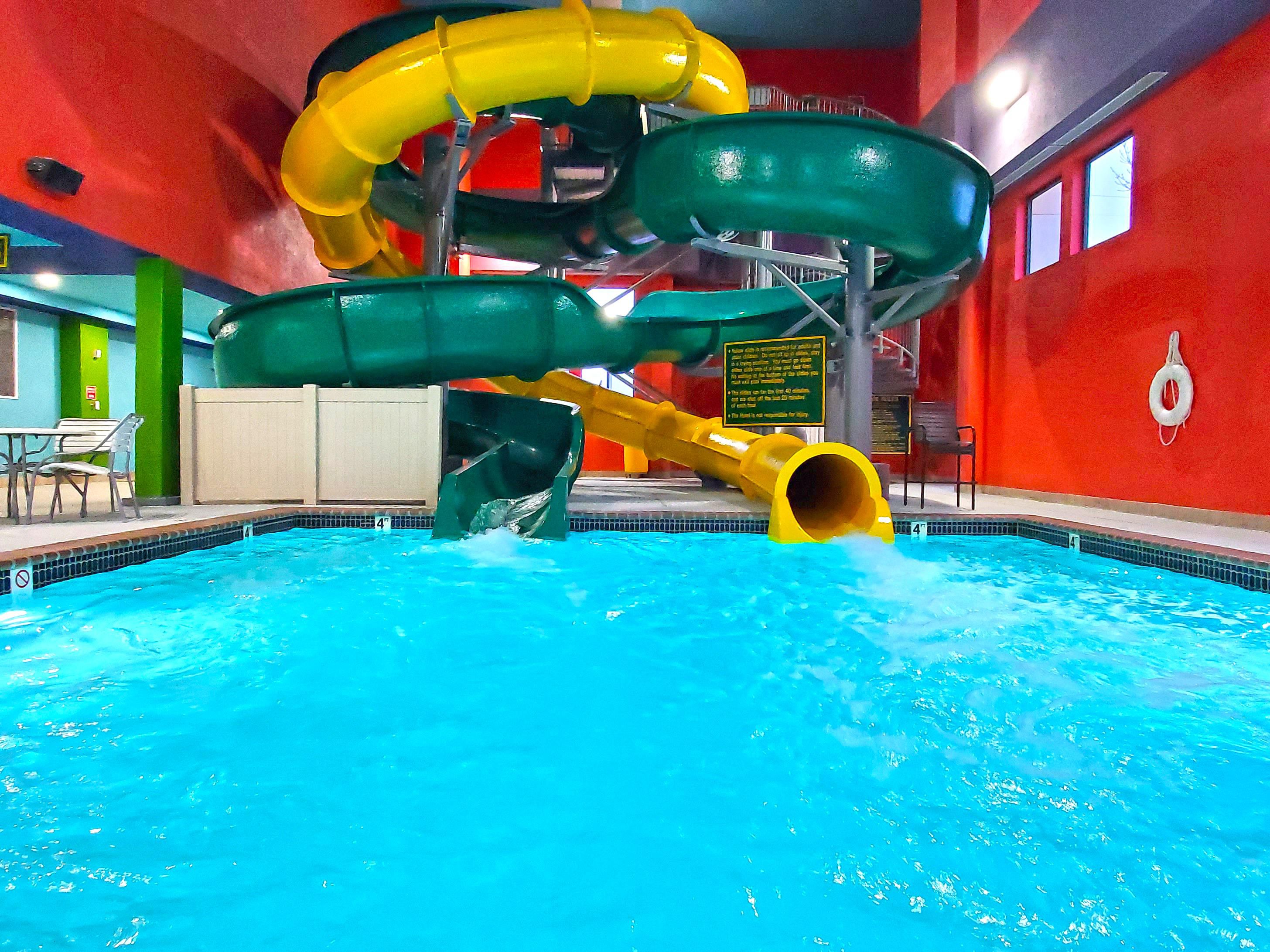Unlimited family fun splashing around our Indoor Water Center. Captain's Lagoon features 2 large slides, a kiddie splash pad, and a hot tub. Our water center offers hours of fun for all ages. Book your stay today!  