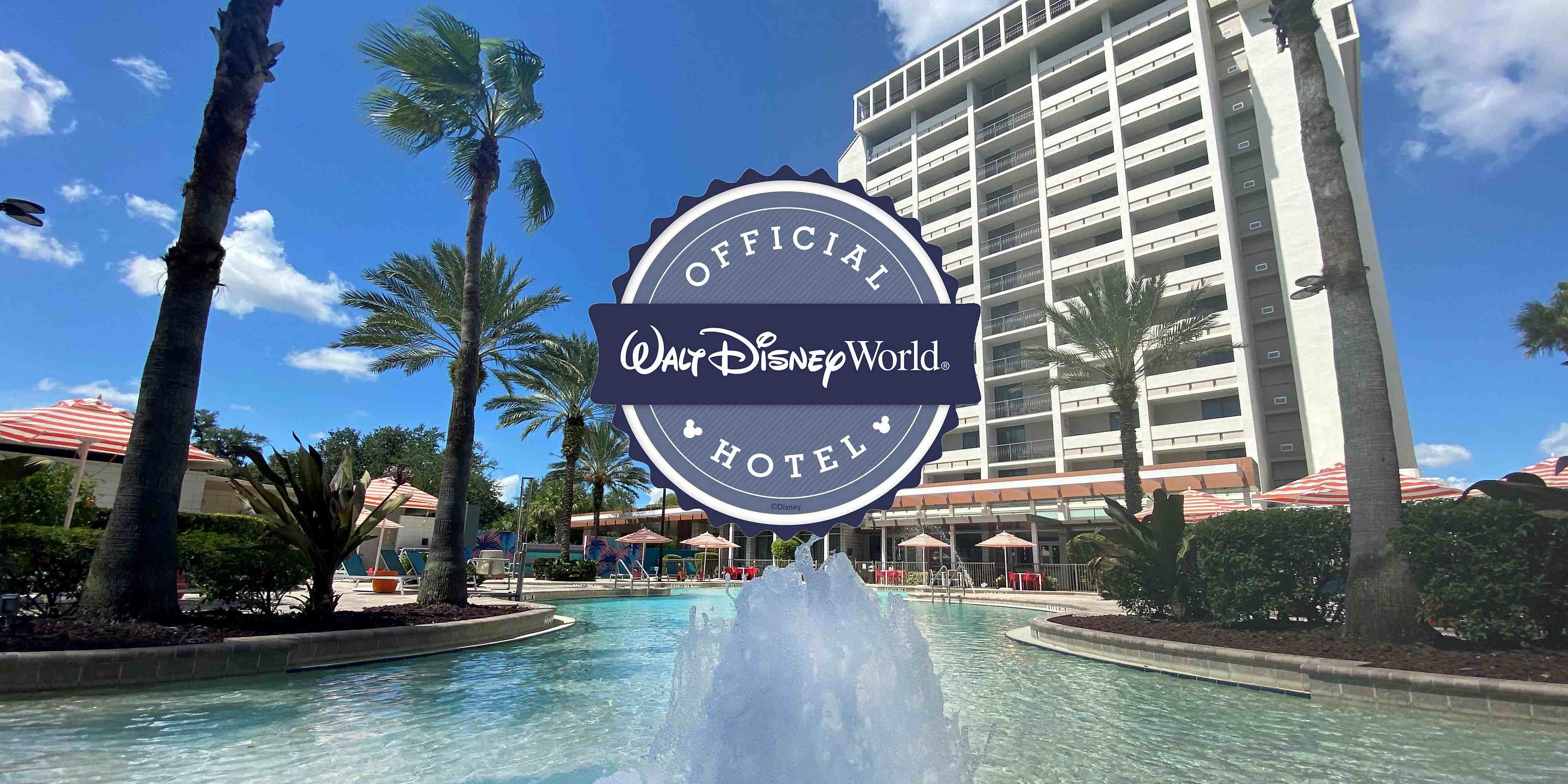 Exterior view of the pool and hotel facade with Offical Walt Disney World Hotel stamp overlaid