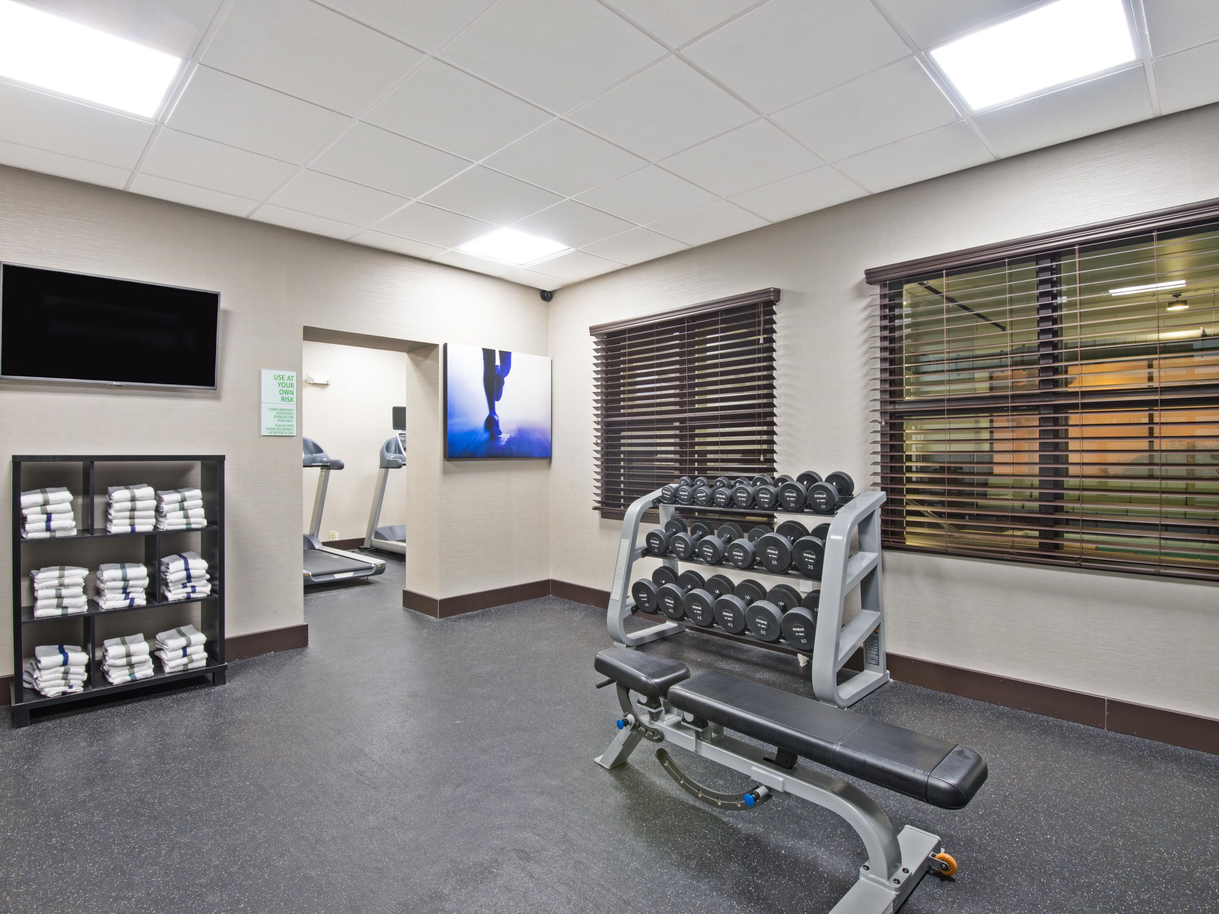 Get your sweat on in our complimentary, fully equipped Fitness Center- open 24 hours.
