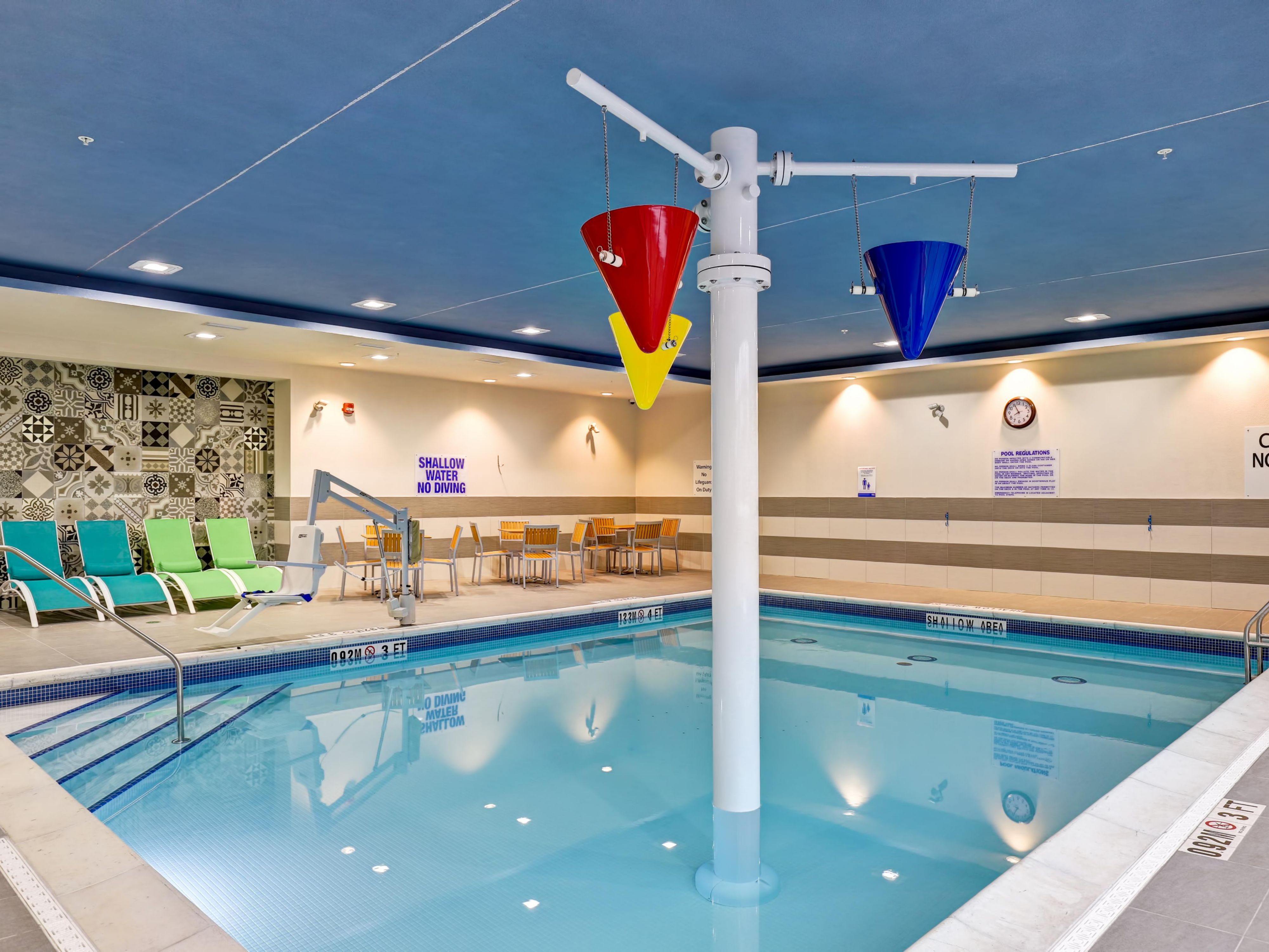 An indoor saltwater pool, slightly heated. The perfect way to unwind after a busy day at work or to shed those extra calories maybe you had one too many doughnuts today.
Kids love it for dumping buckets and bubblers. Our Pool will be ready to go, even in the colder months. So, go ahead, jump in, and indulge yourself.