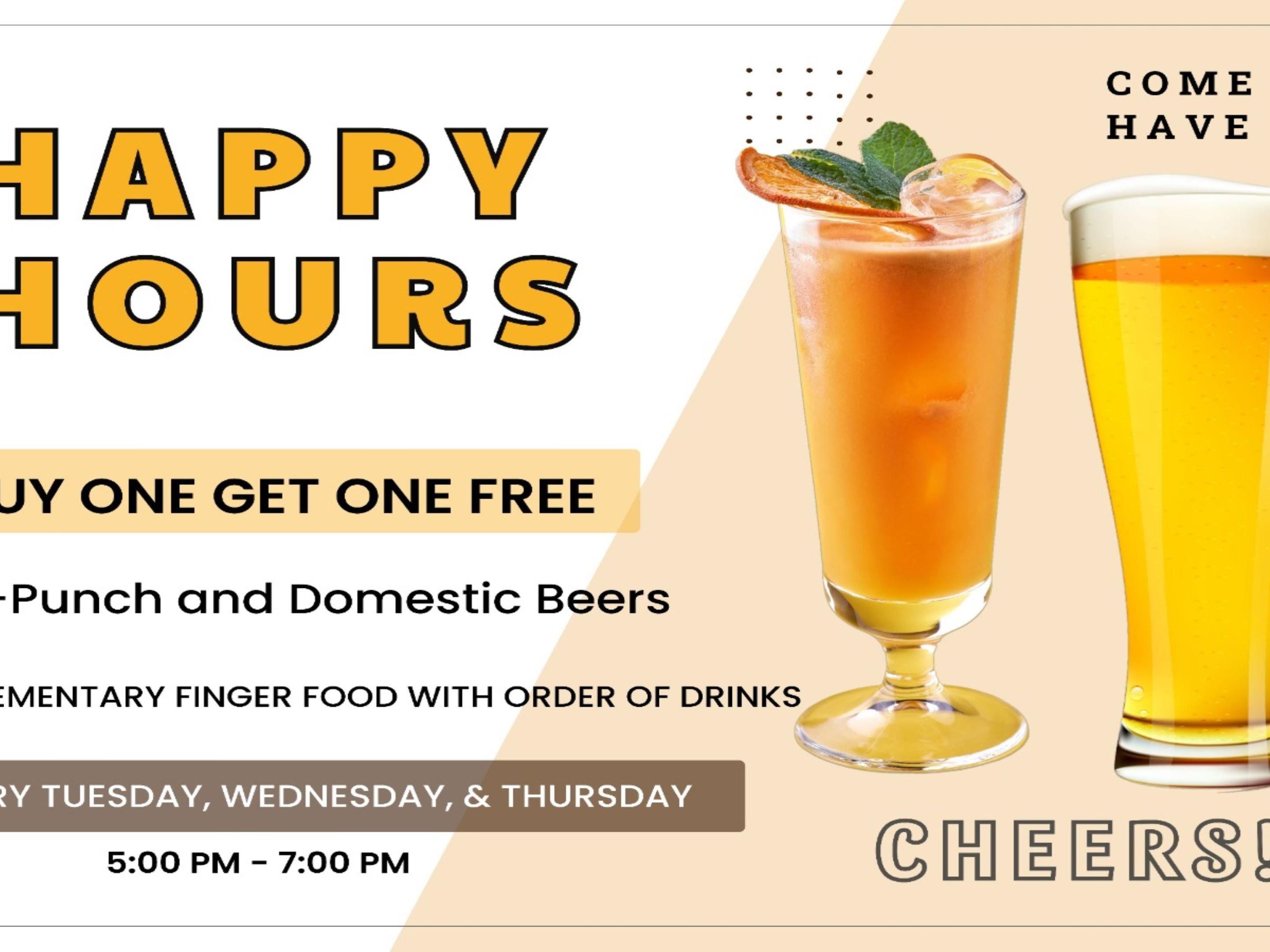 Check out Holiday Inn Mobile's new Happy Hours! Every Tuesday, Wednesday, and Thursday 5pm-7pm. Offering specials and complimentary finger food with an order of drinks.