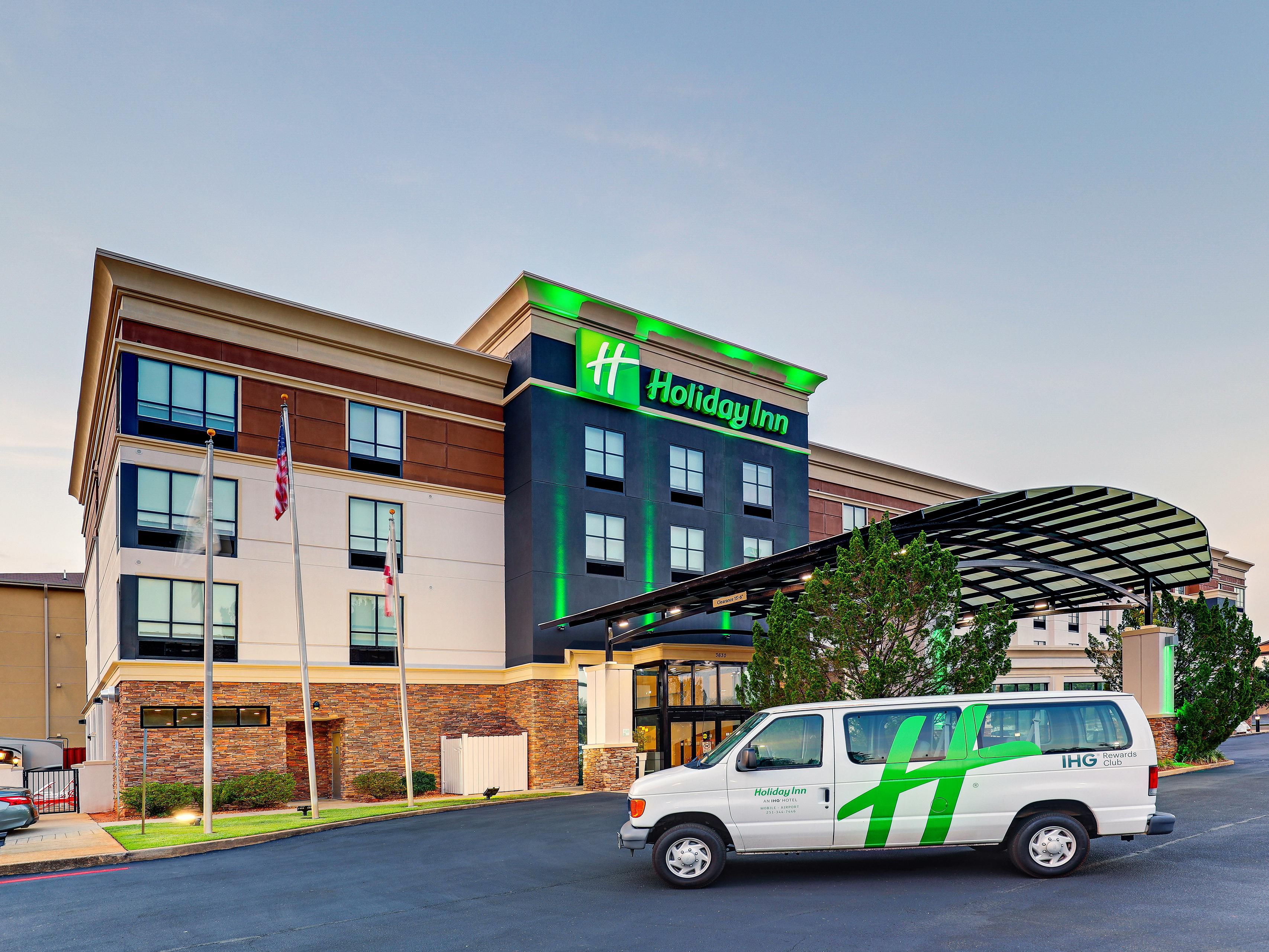 Holiday Inn Mobile Airport provides complimentary shuttle service to and from the Airport from 6am-11am Central time. Guests must call hotel to schedule 251-344-7446.