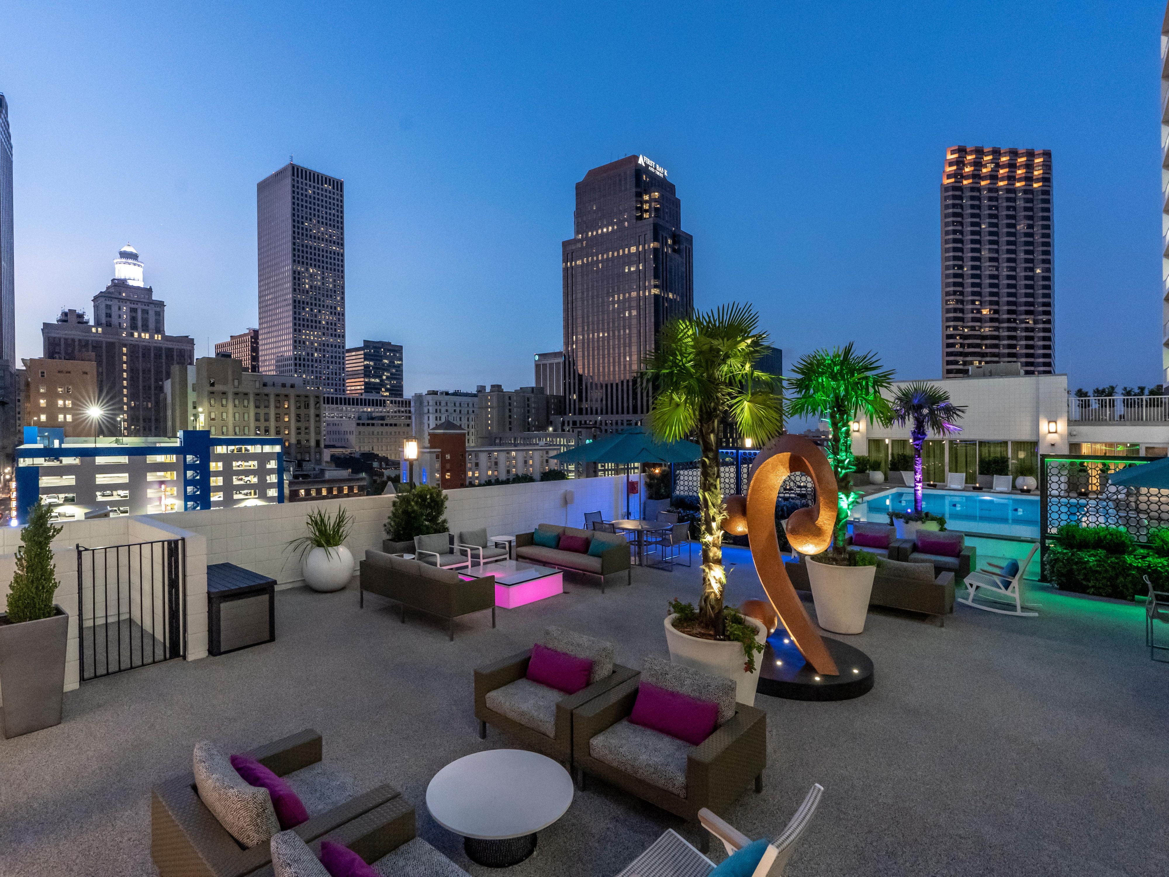 Before you head to the French Quarter, enjoy a drink while overlooking the stunning skyline of downtown New Orleans. Our spacious rooftop deck has plenty of seating and our heated pool is perfect year round for anyone ready to take a dip!