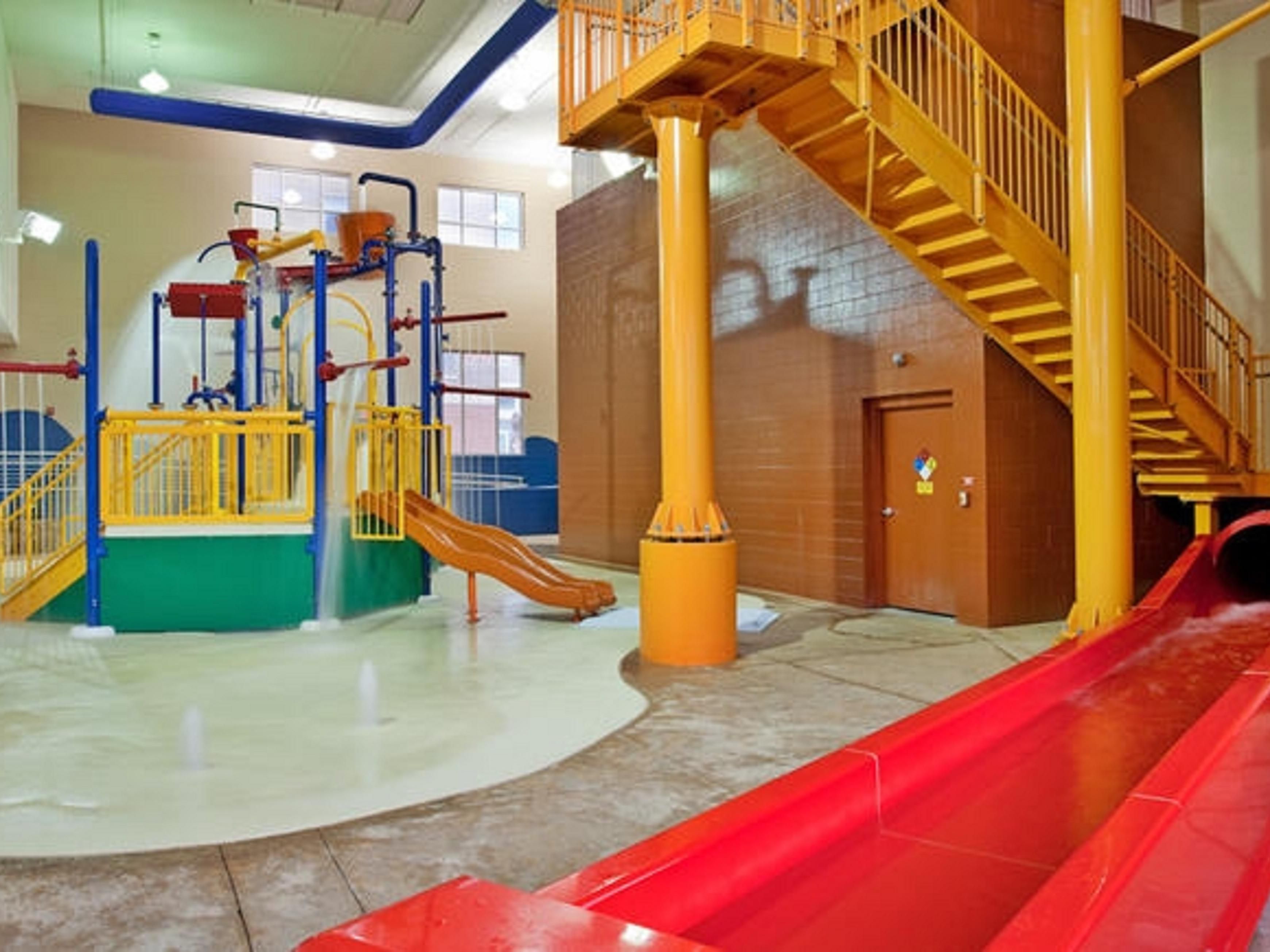 Make a splash at our indoor water park! Experience endless fun with our family-friendly splash pad, three story water slide, leisure pool, and hot tub! Please note, passes to the water park and indoor pool are an additional fee and not included in any reservation. Wristbands may be purchased at the front desk for $20 per pass, per day.