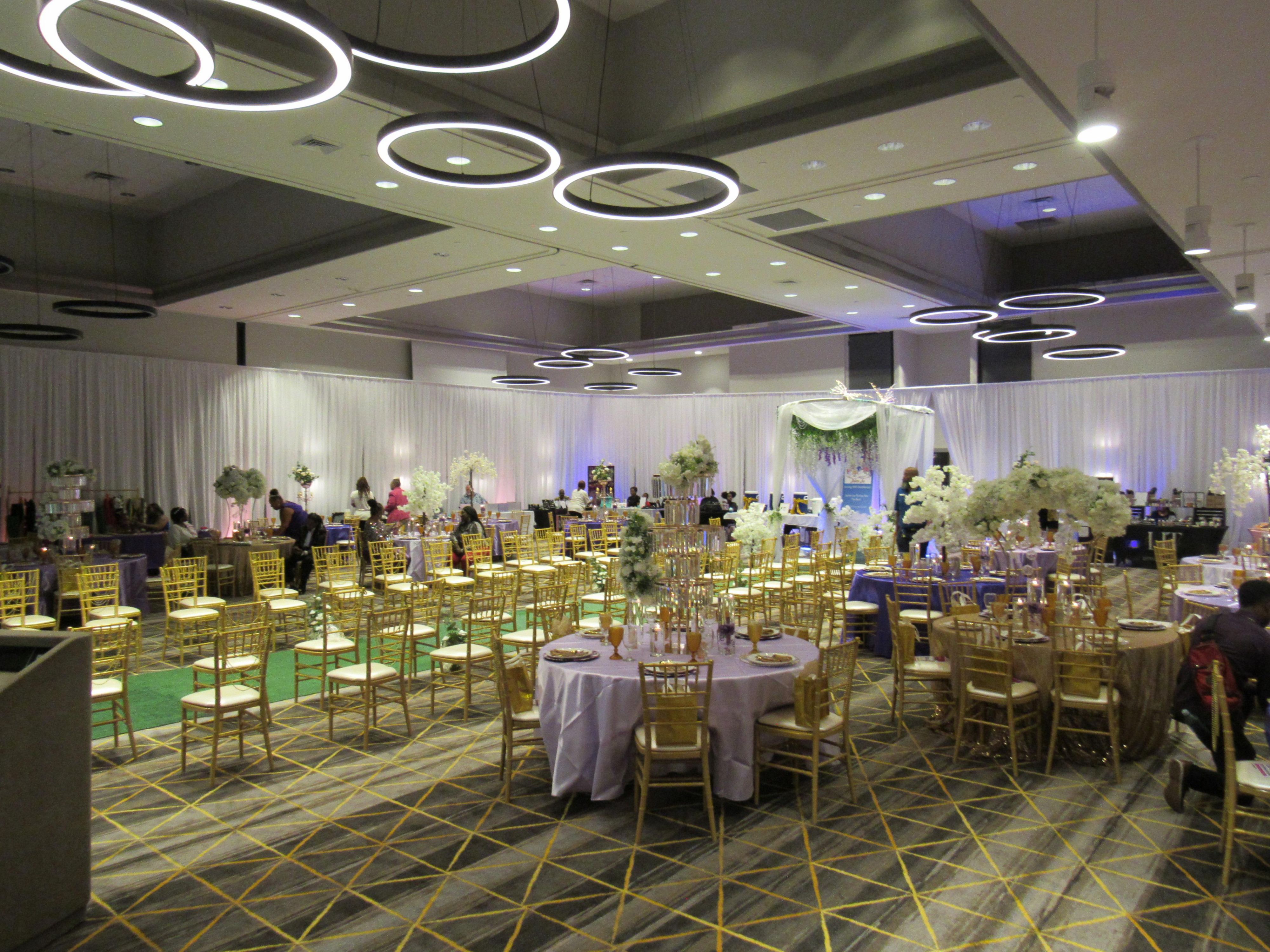 Banquet room set up for wedding guests