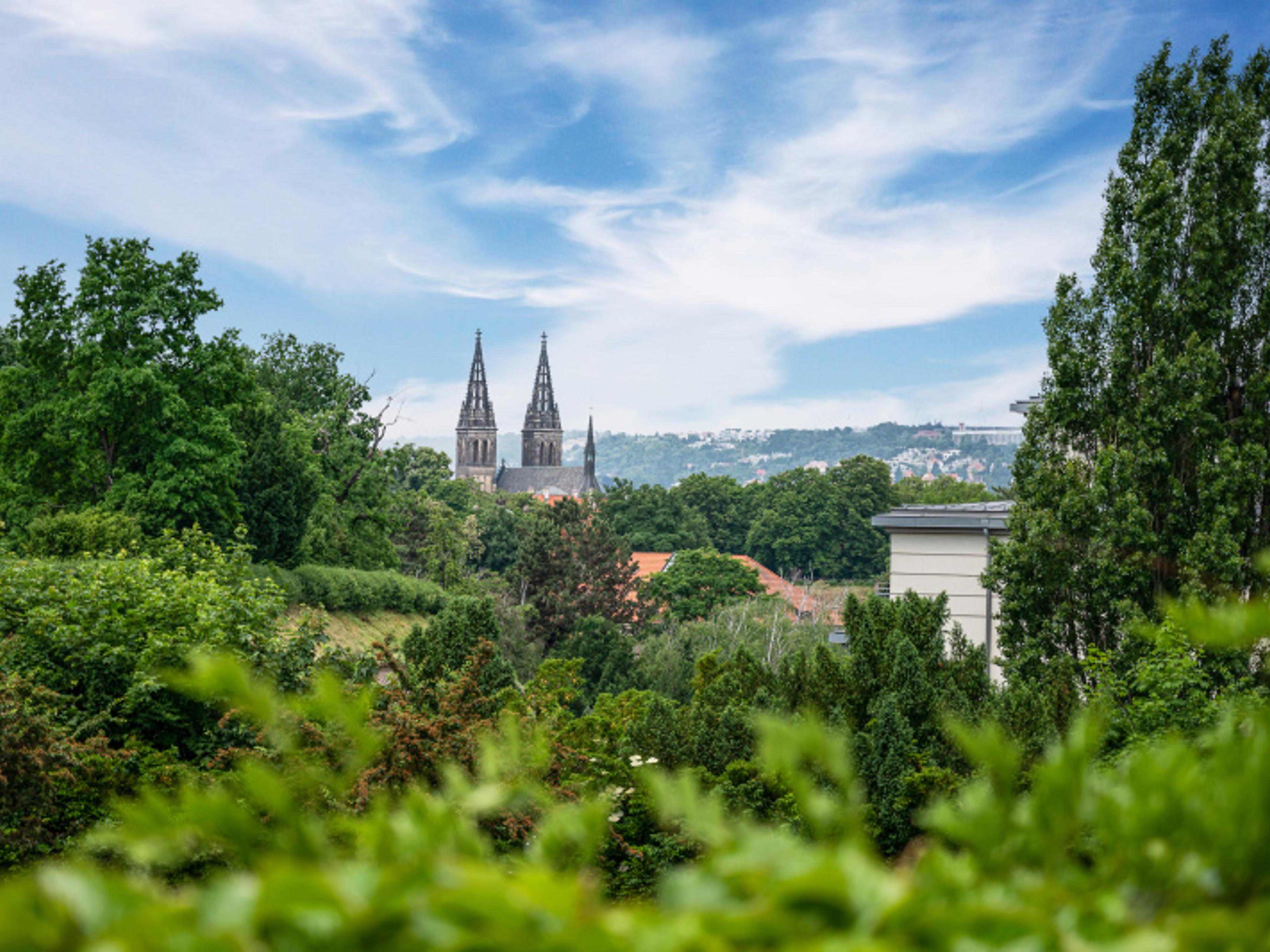 Hotel garden with view of Vysehrad Castle