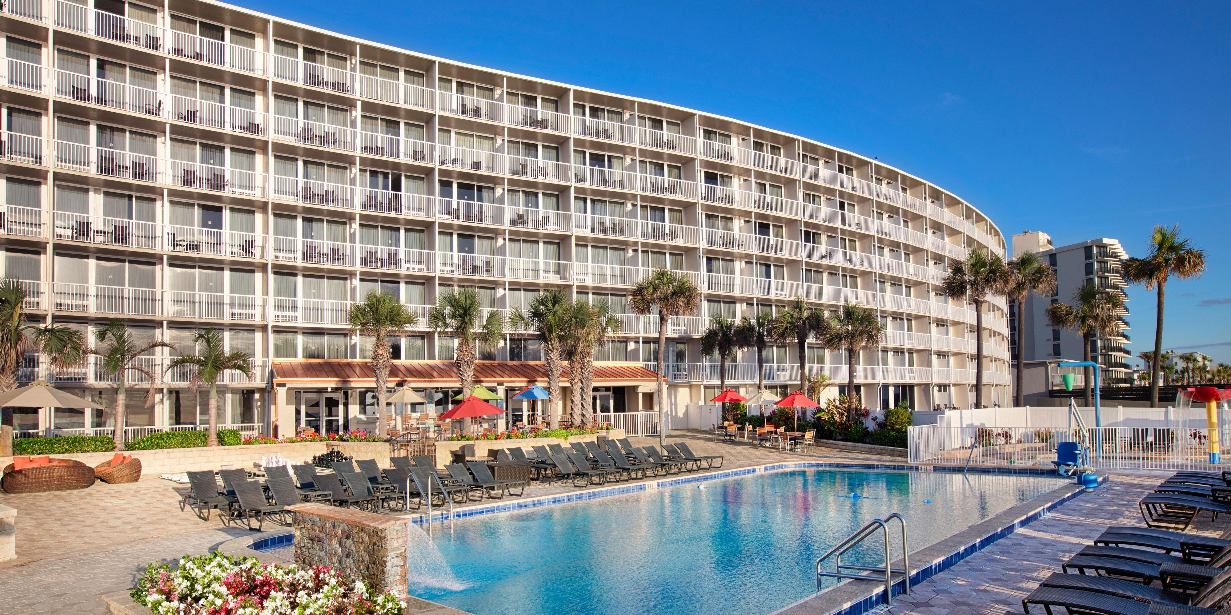 Large pool deck overlooking the Atlantic Ocean