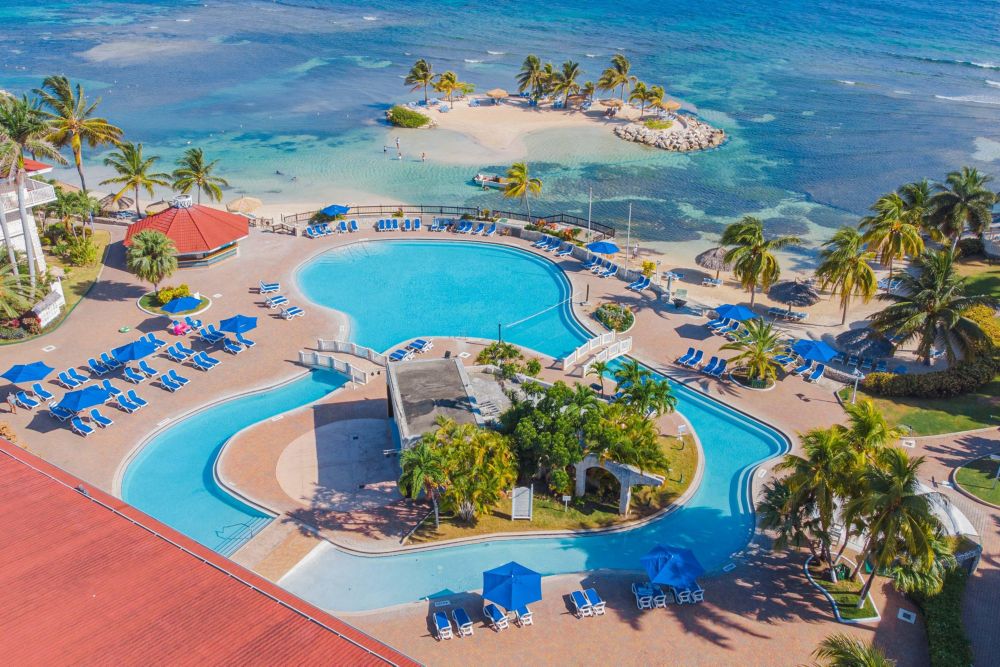 Aerial view of resort pool and beach in Montego Bay