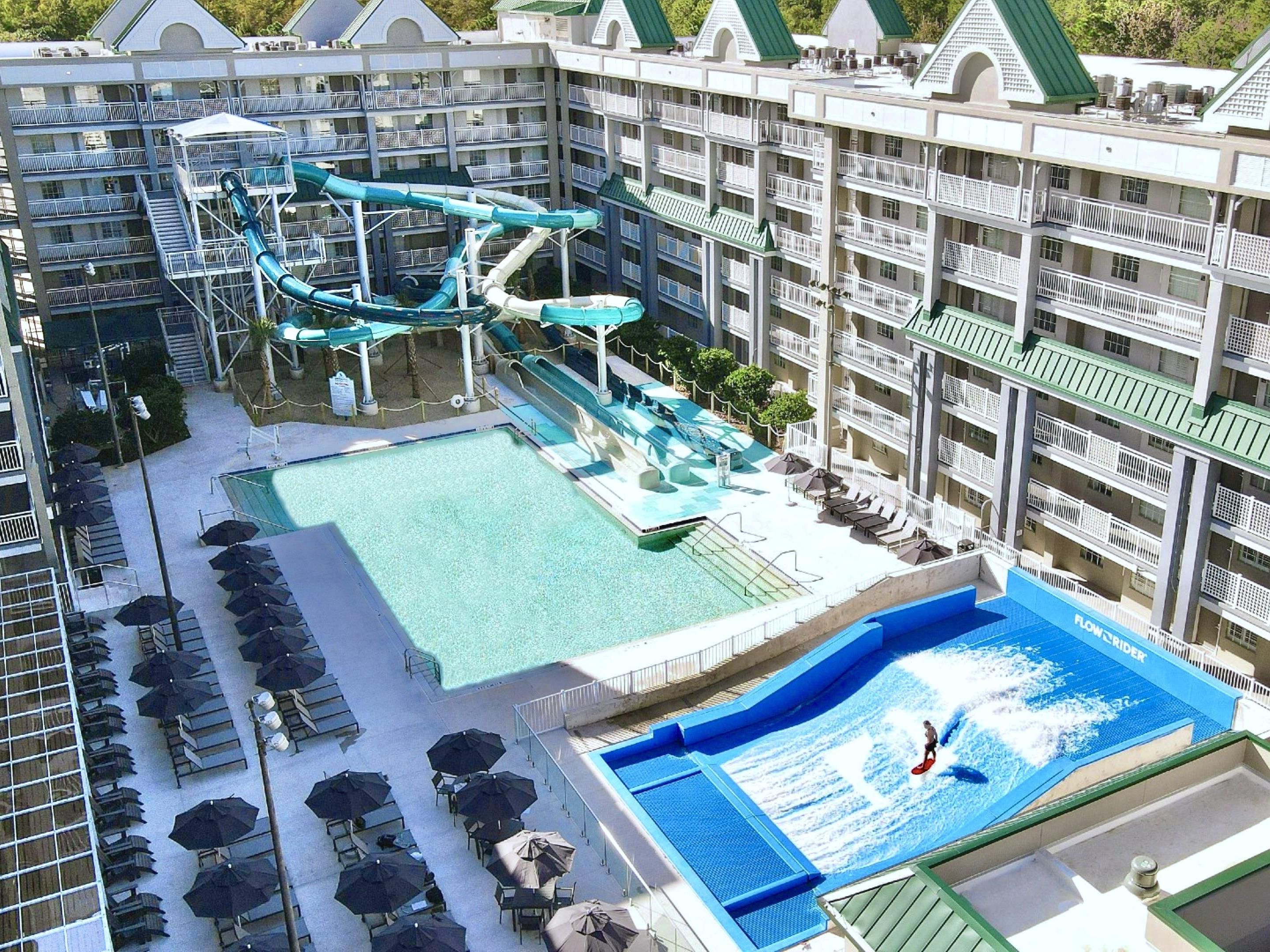 Our newest splash zone is now open! The Surf & Splash Orlando Waterpark brings a full-throttle slide tower and FlowRider® Double surf simulator to the fun. Grab your swimsuit and get ready to ride, race, and relax, all just steps from your suite. Big laughs and little surprises are always part of the plan.