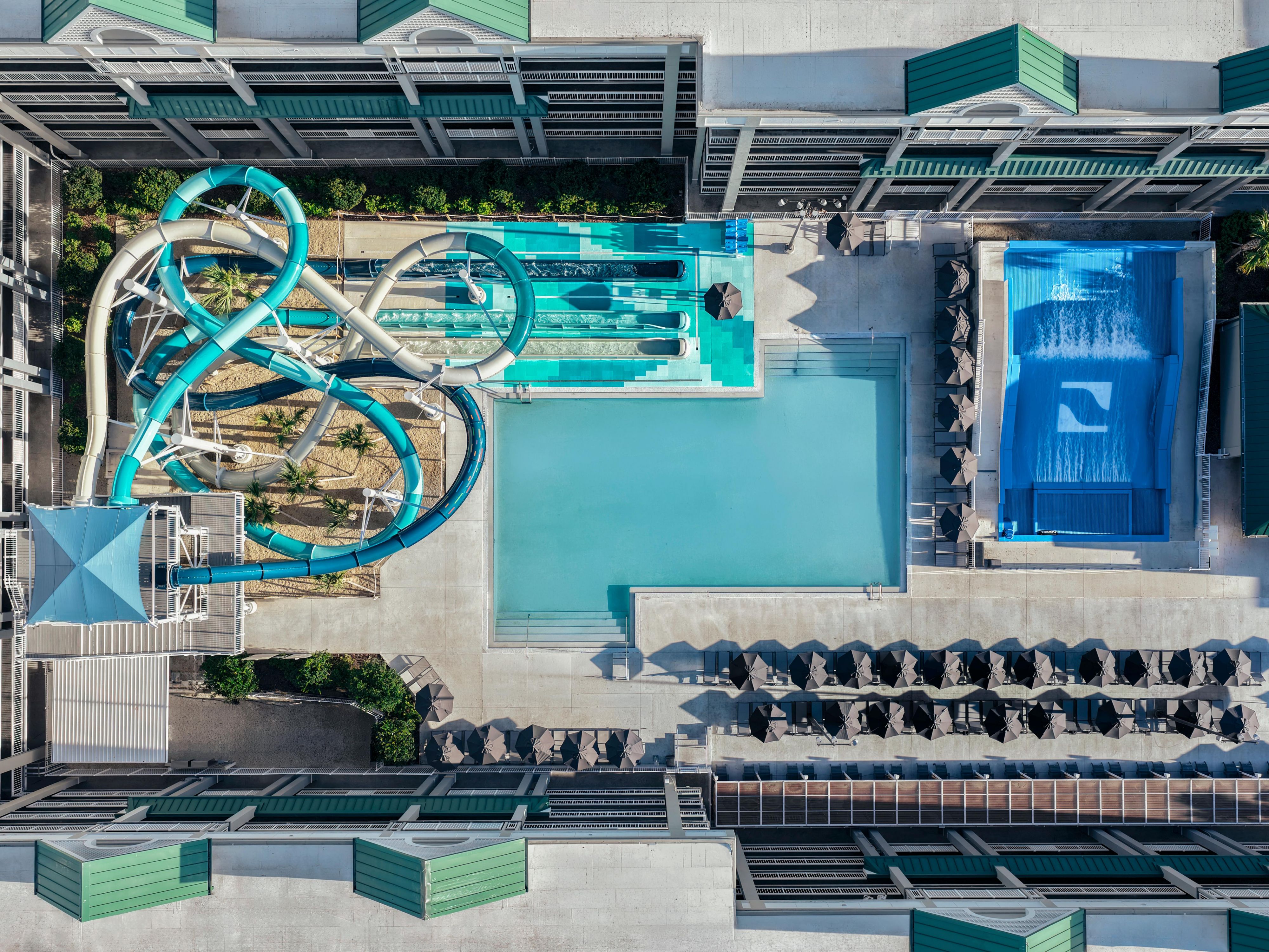 Large pool and slide seen from above