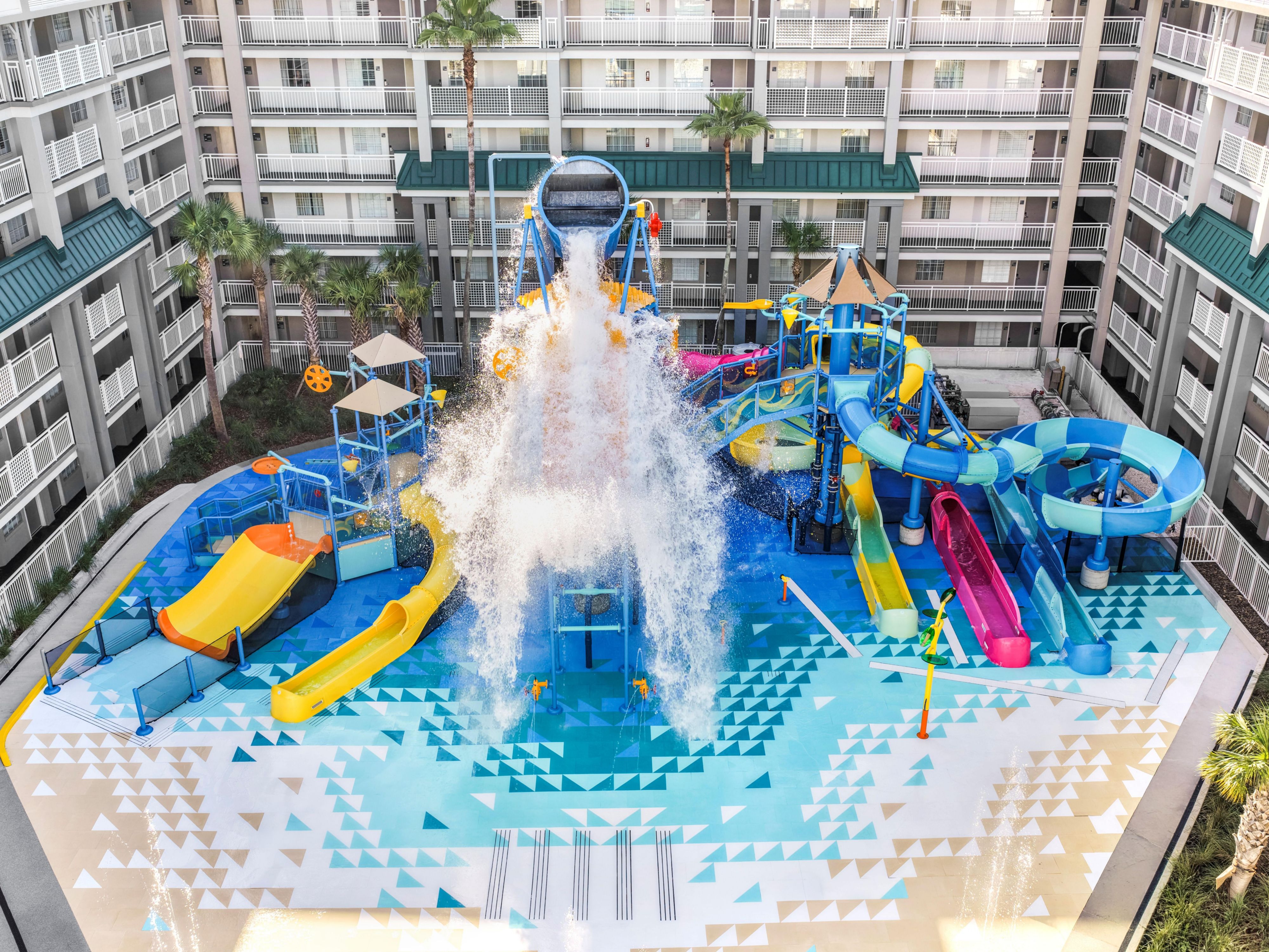 Onsite waterpark with giant water bucket