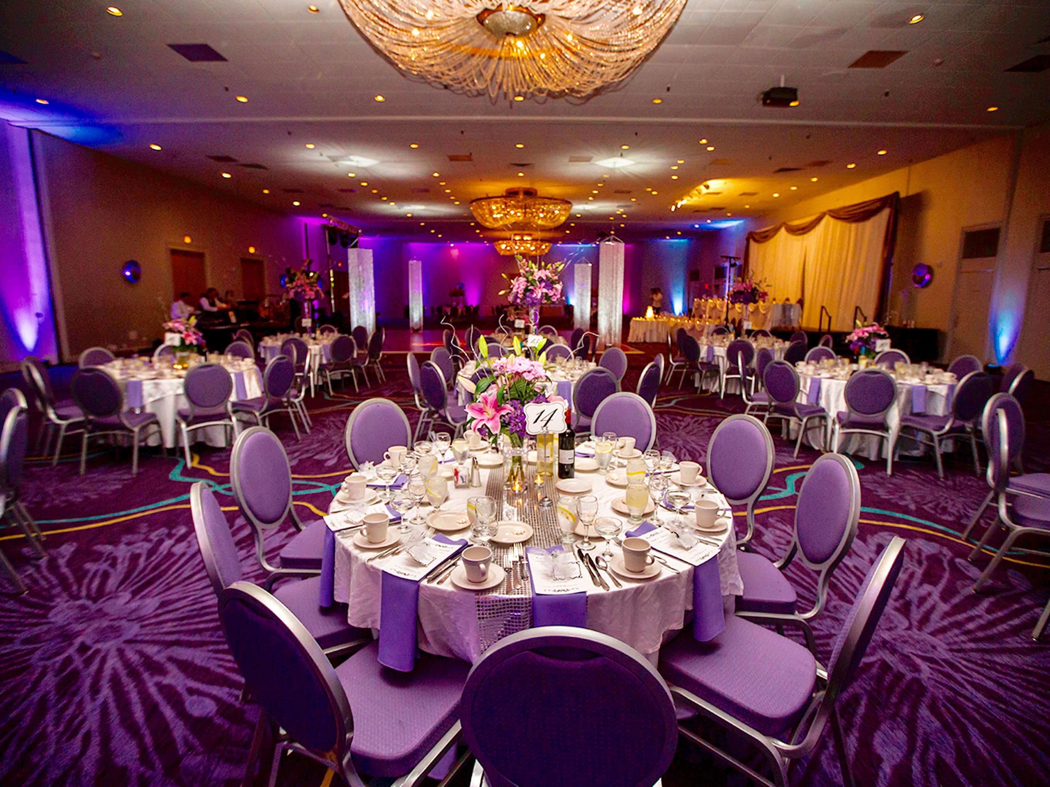From unique floor plans to customized menus, our dedicated Wedding Sales Manager does it all to ensure a memorable event. The Hotel features our Grand Ballroom hosting up to 500 guests with three custom chandeliers down the center of the room. For a more intimate affair, consider utilizing one of our smaller event spaces. 