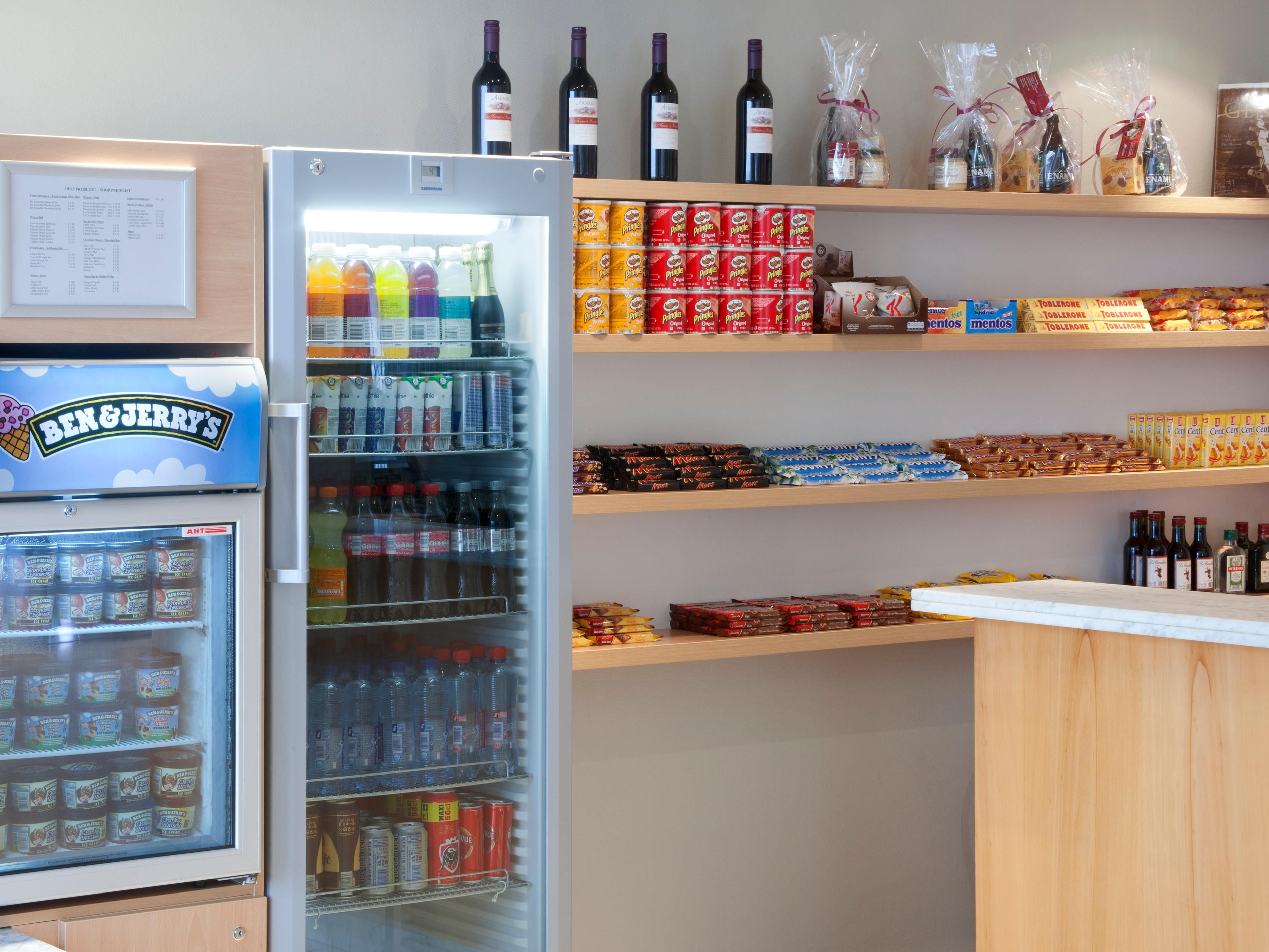Shop at reception with gifts, drinks, snacks and ice cream