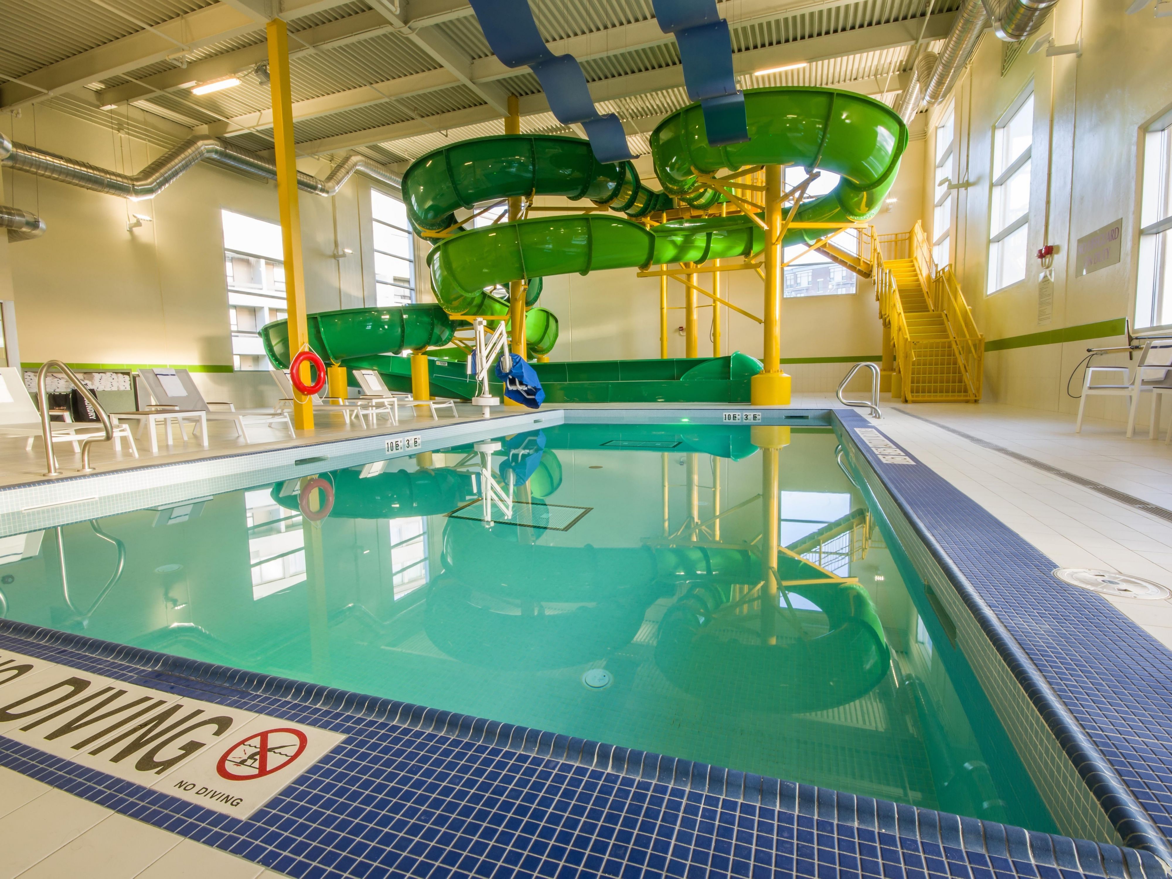 Fun for the whole family! Make a splash in our pool area that features two 165 foot waterslides and an indoor swimming pool. 
