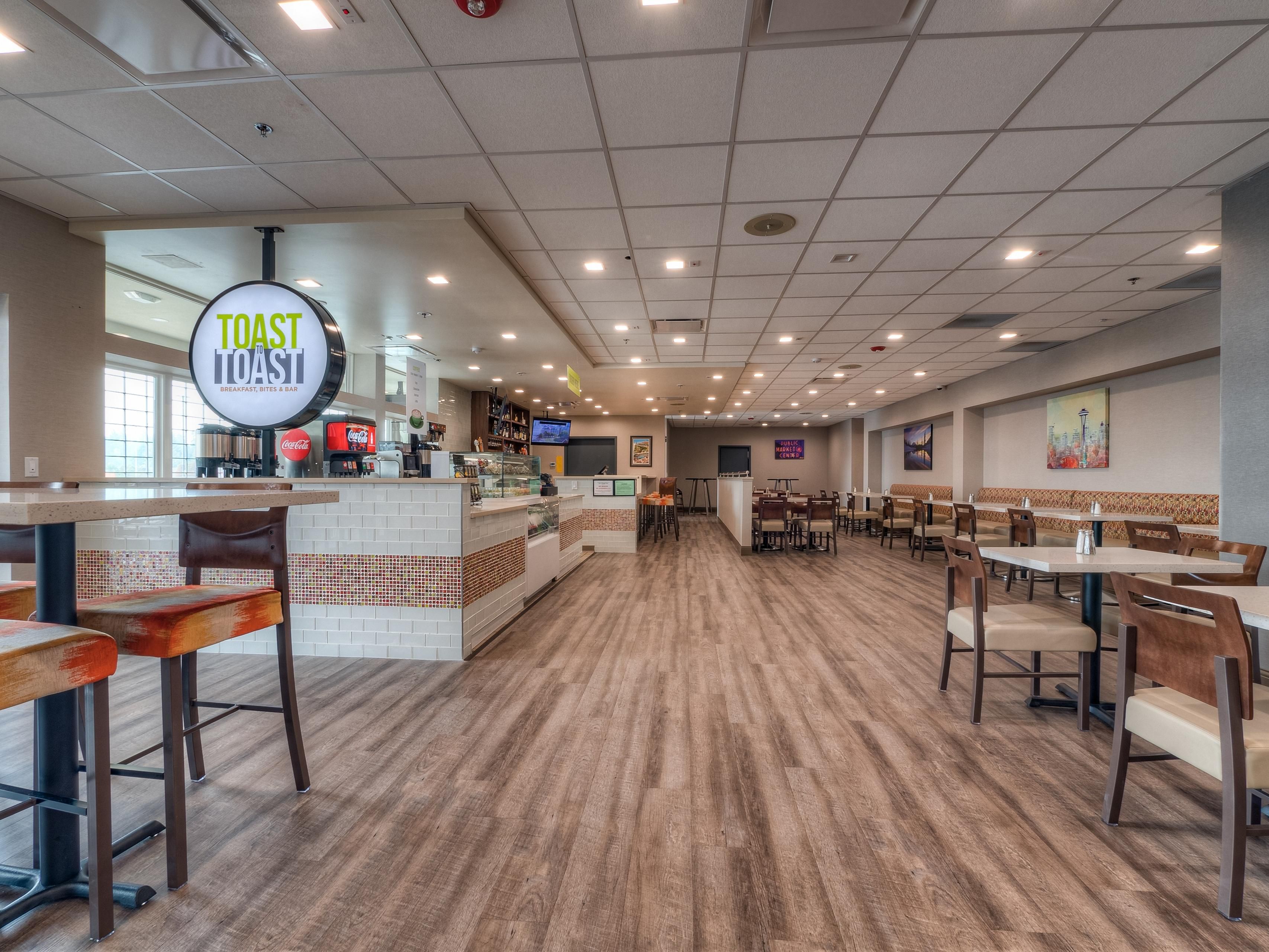 Toast to Toast Restaurant & Lounge is a modern facility located at the Holiday Inn Tacoma. Come be our guest, start your day and unwind with us with one complimentary alcoholic or non alcoholic beverage at check-In!