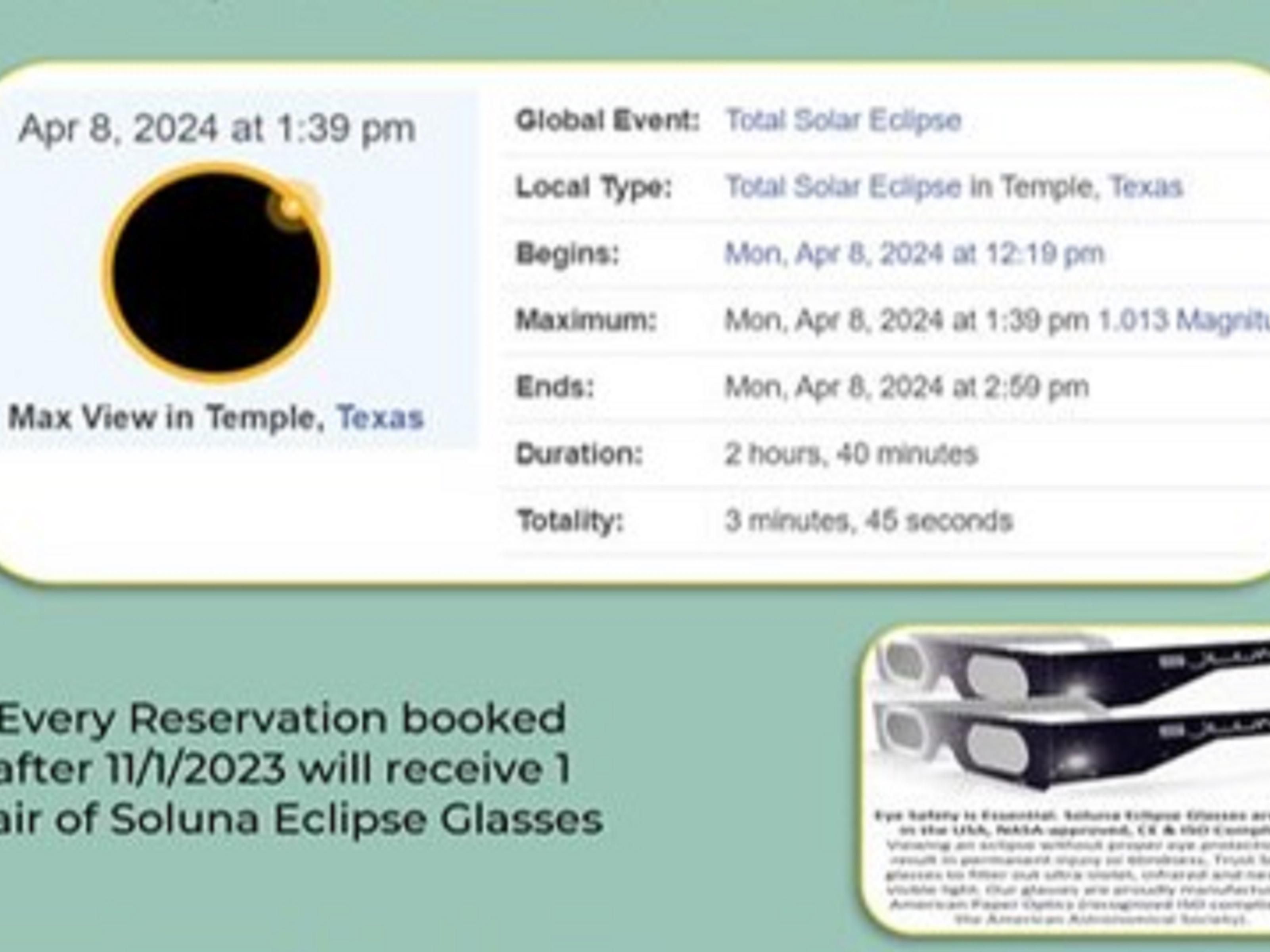 Receive 2 complimentary pair of Soluna Glasses per reservation with option to purchase an additional one at time of check in for 5 USD. In addition a 10 USD Midway Bar and Grill Credit. Must include the night of April 7th 2024 and be a min of 2 nights.
