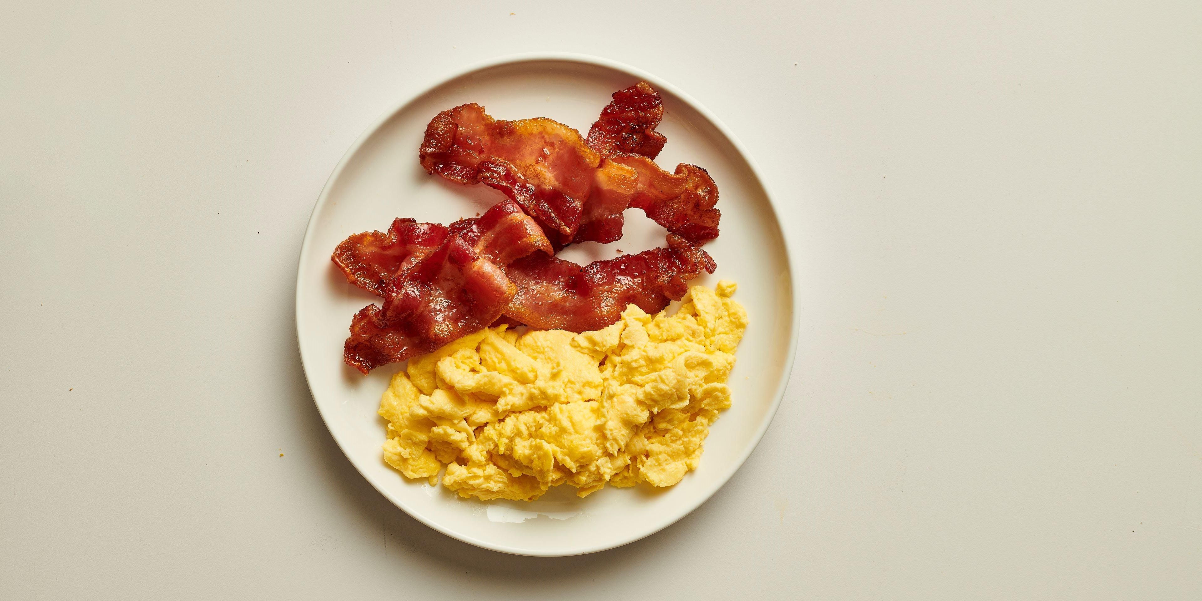 Cage-free scrambled eggs and thick-cut bacon