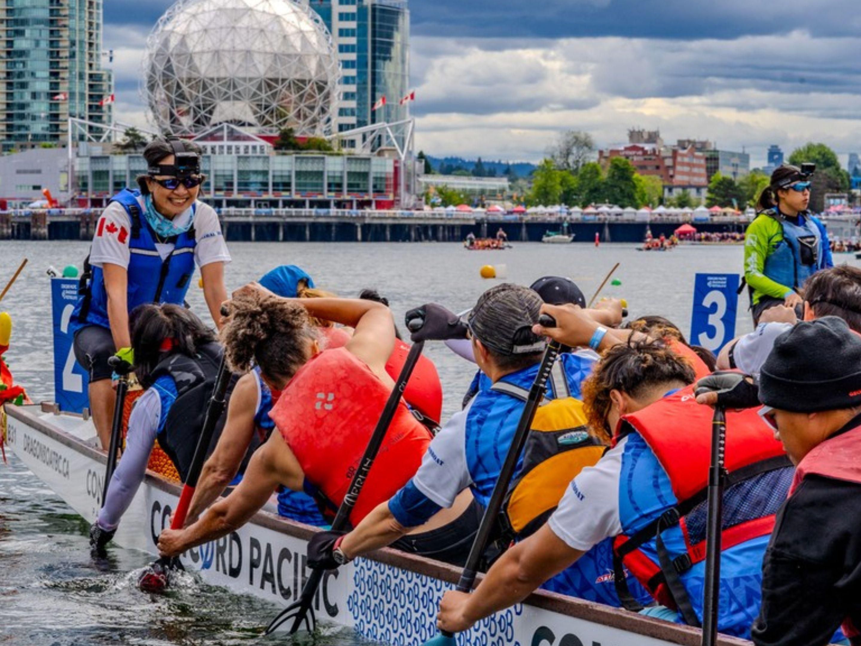 The 2025 Concord Pacific Dragon Boat Festival takes place from June 20 to 22, featuring a weekend of racing, social events, and fun activities at False Creek. The venue stretches from Concord Pacific Place to Creekside Park by Science World. It is just an 8-minute drive or a 19-minute transit ride from our hotel to Science World.